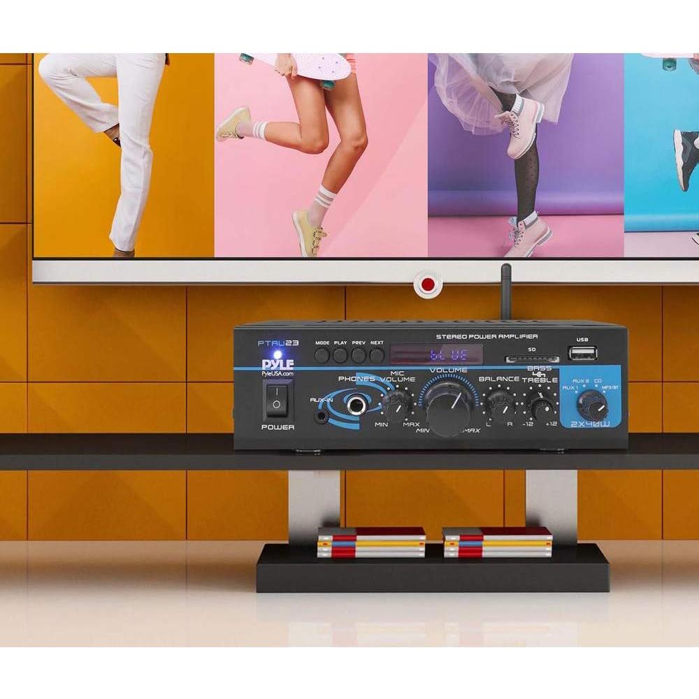 Pyle Home Audio Bluetooth Power Amplifier System - 2X40W Mini Dual Channel Mixer Sound Stereo Receiver Box with RCA, USB, AUX, Headphone, Mic Input, Theater, Home Entertainment, Studio Use, PTAU23