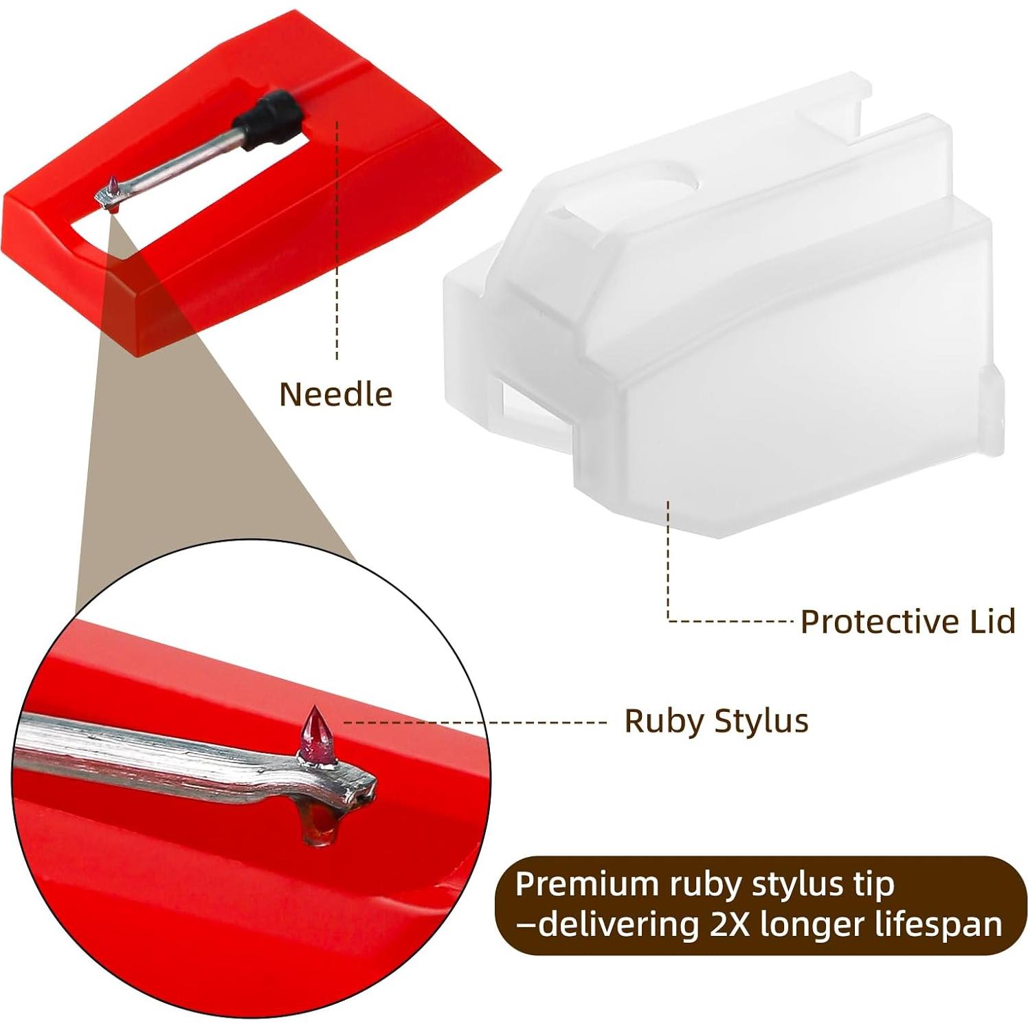 Paquete de 3 Agujas de Tocadiscos Ruby con Cepillo Limpiador