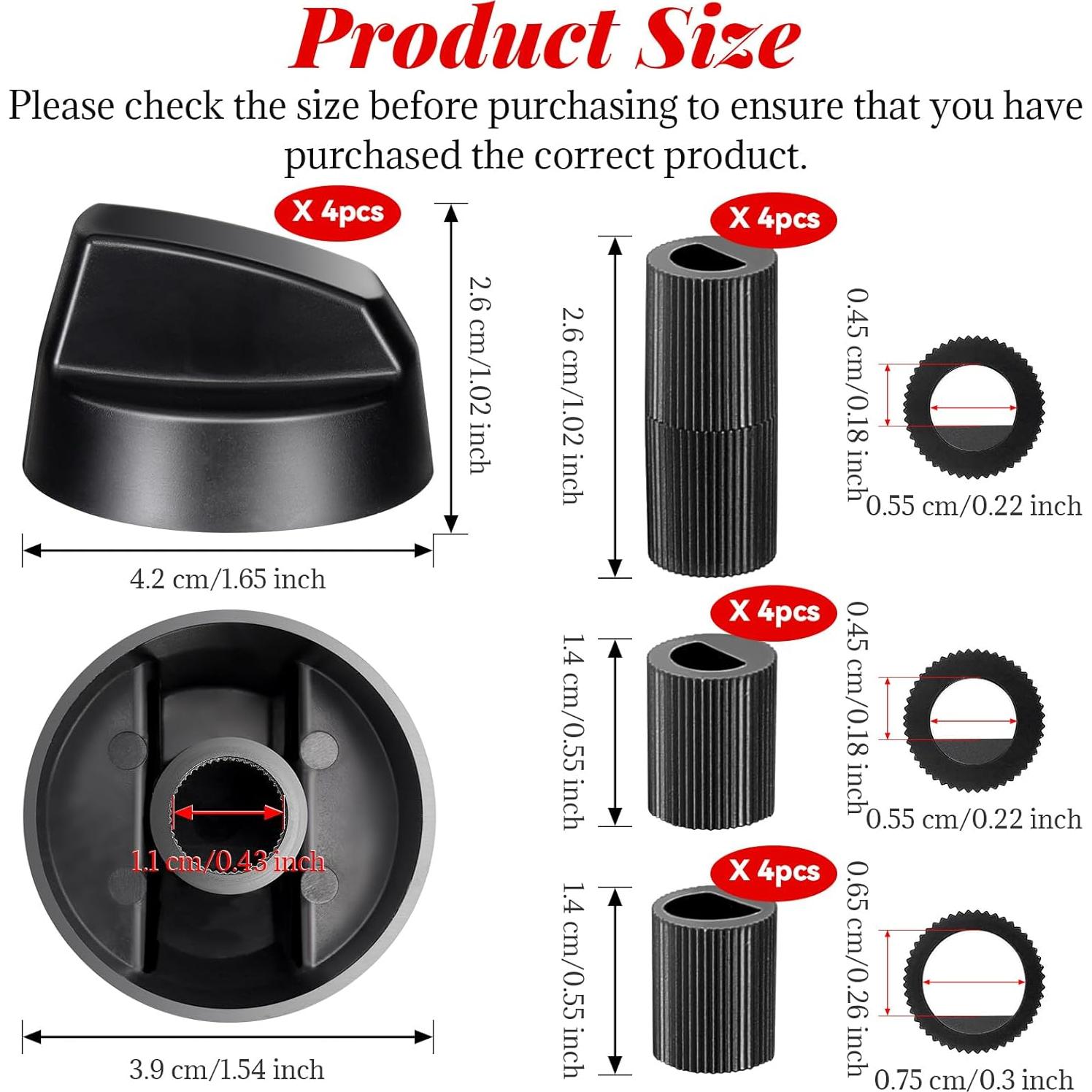 Paquete de 4 Perillas de Control Negras KINYFY con 12 Adaptadores