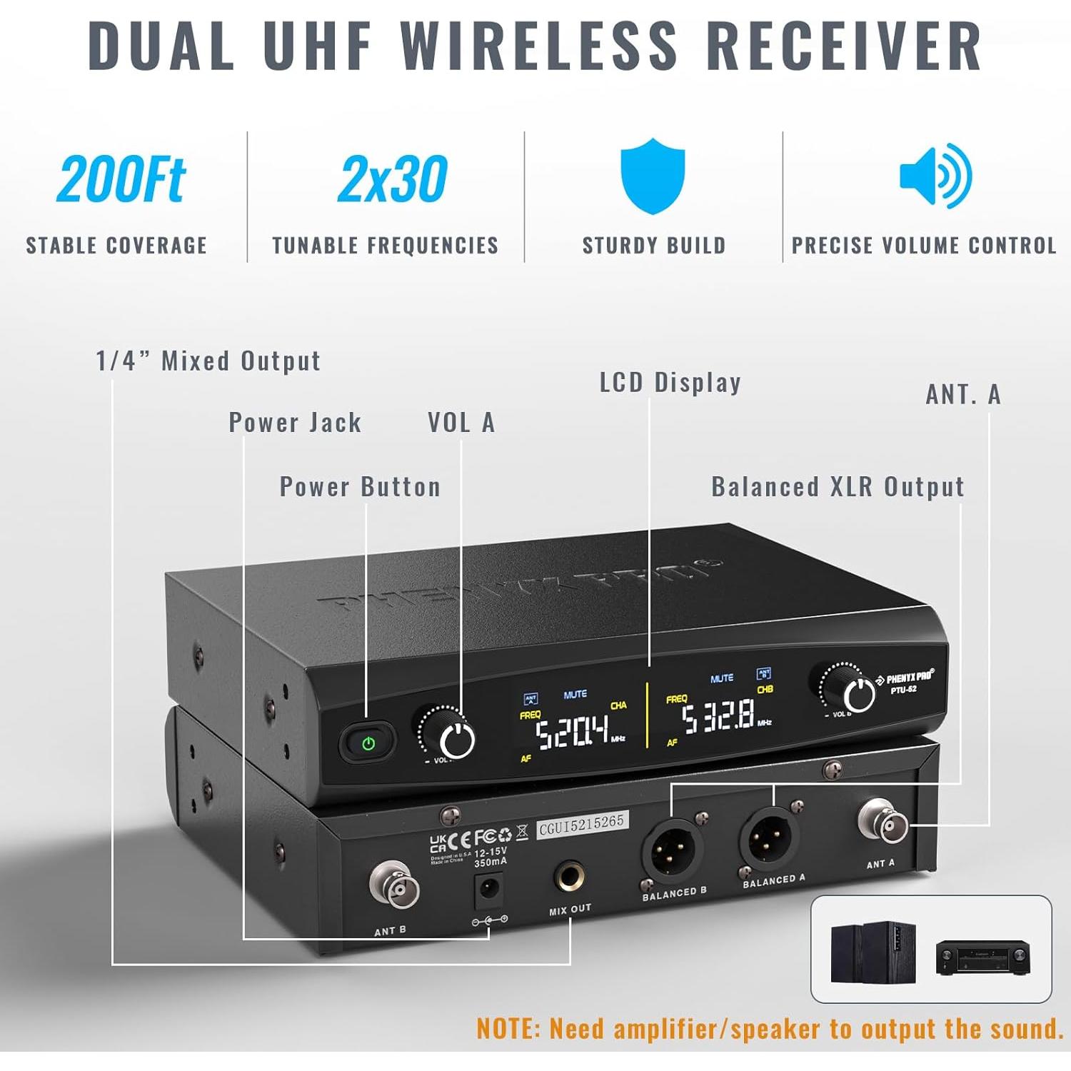 Sistema de micrófono inalámbrico Phenyx Pro PTU-52B, 2 canales UHF