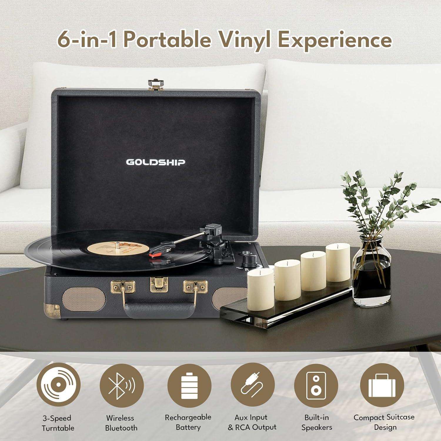 Reproductor de Vinilo Portátil GOLDSHIP T316 Bluetooth 3 Velocidades