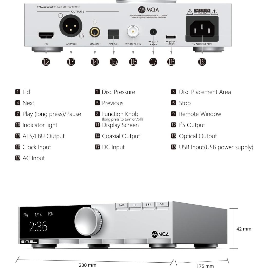 Reproductor de CD SMSL PL200T MQA 32bit/768kHz USB Óptico