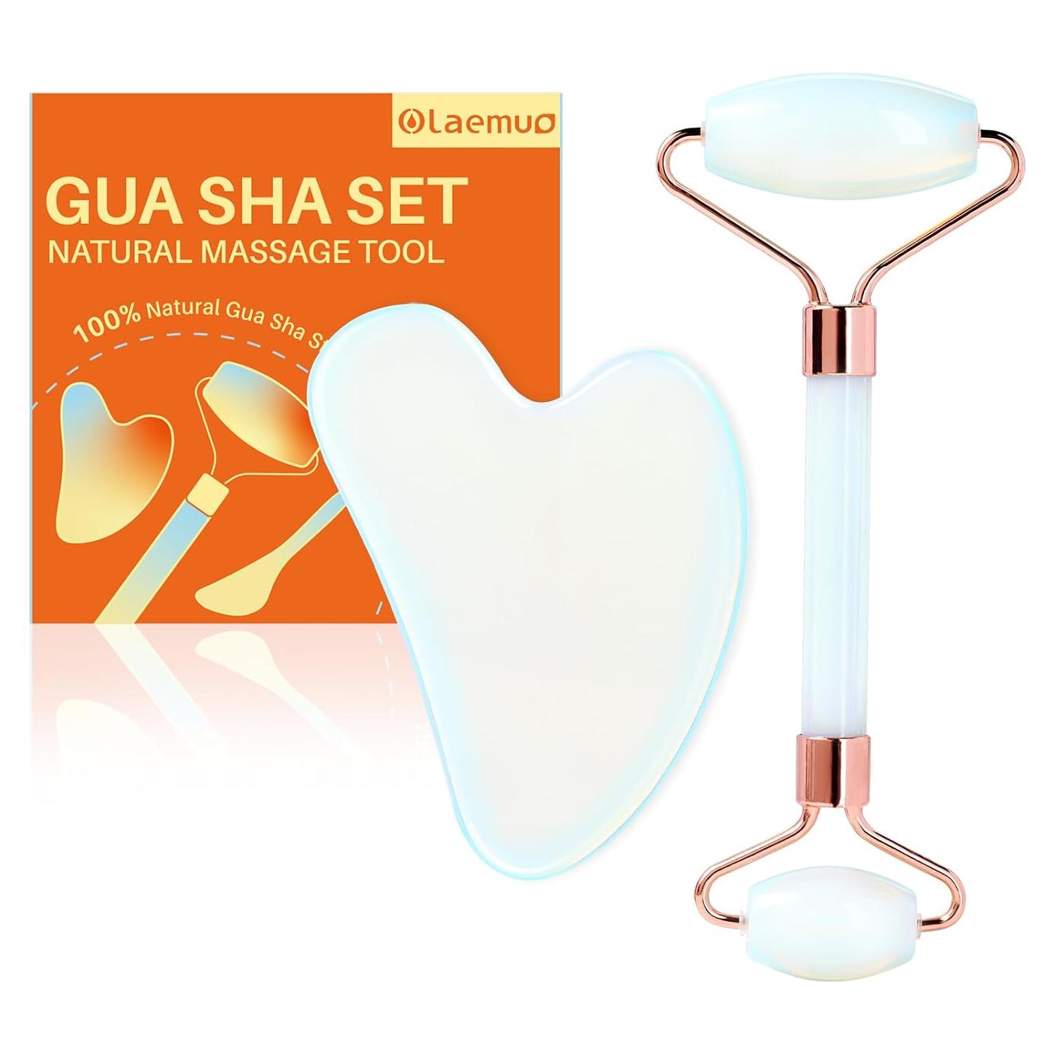 Set Gua Sha y Rodillo Facial Olaemuo - Ópalo Natural