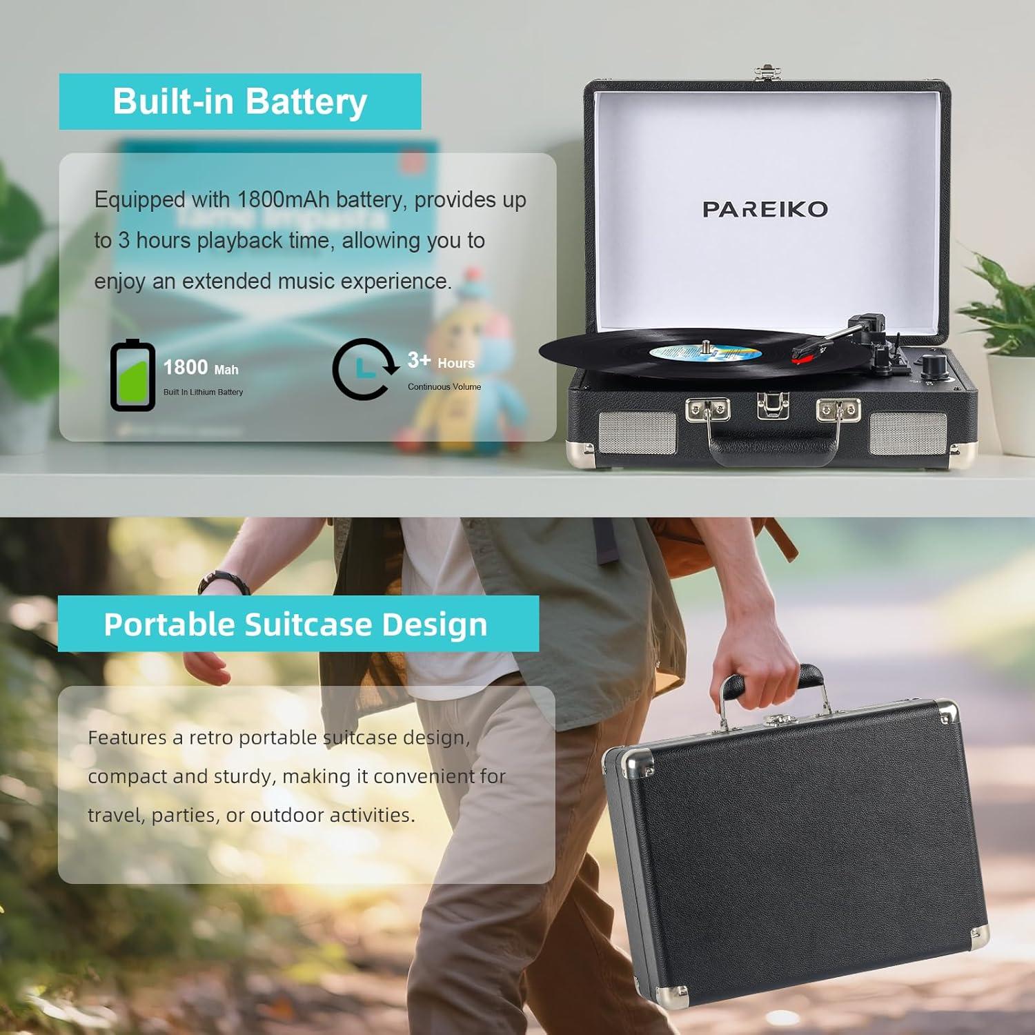 Reproductor de Vinilo Portátil PAREIKO T316 Bluetooth 3 Velocidades