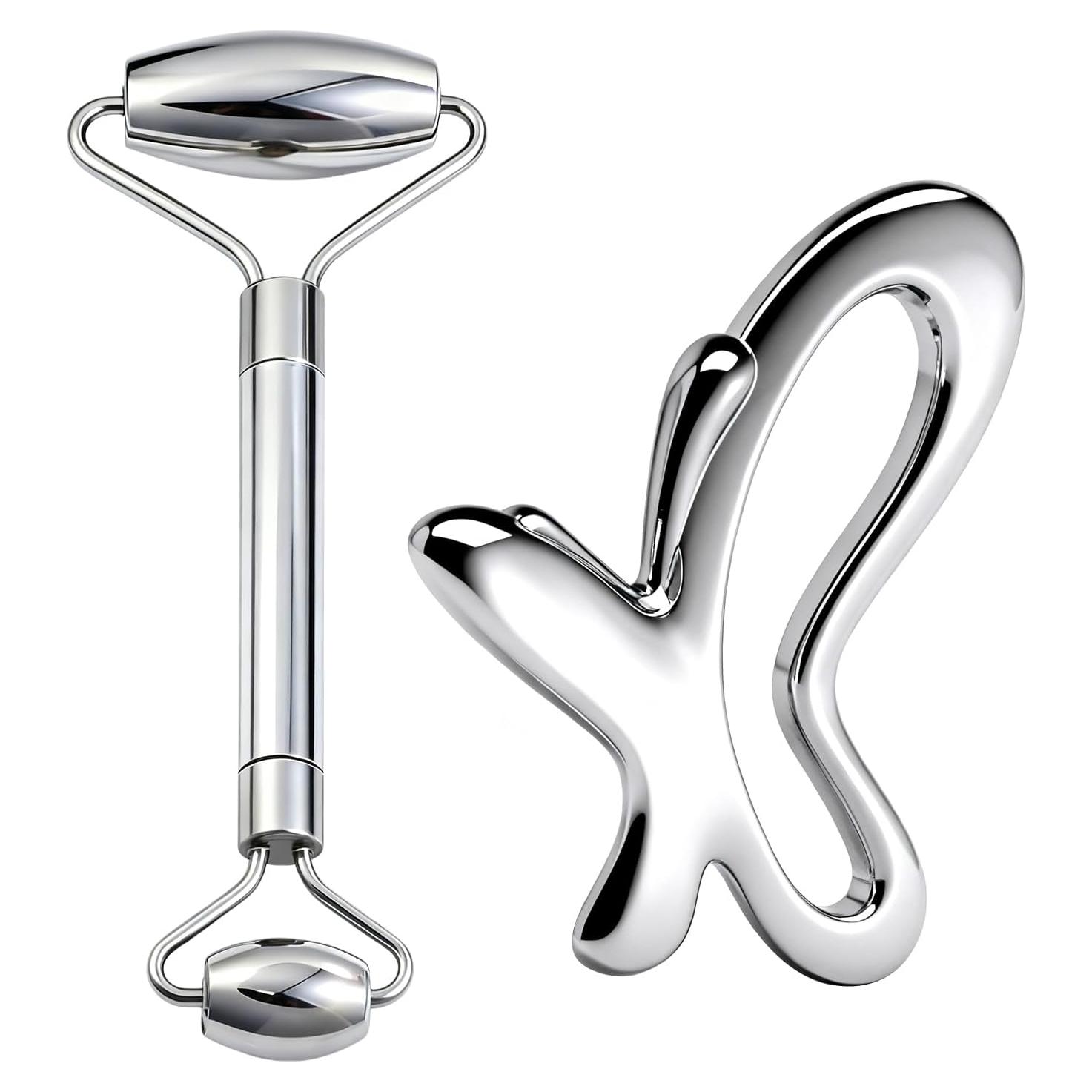 Gua Sha y Rodillo Facial Acero Inoxidable - Masaje Drenaje Linfático