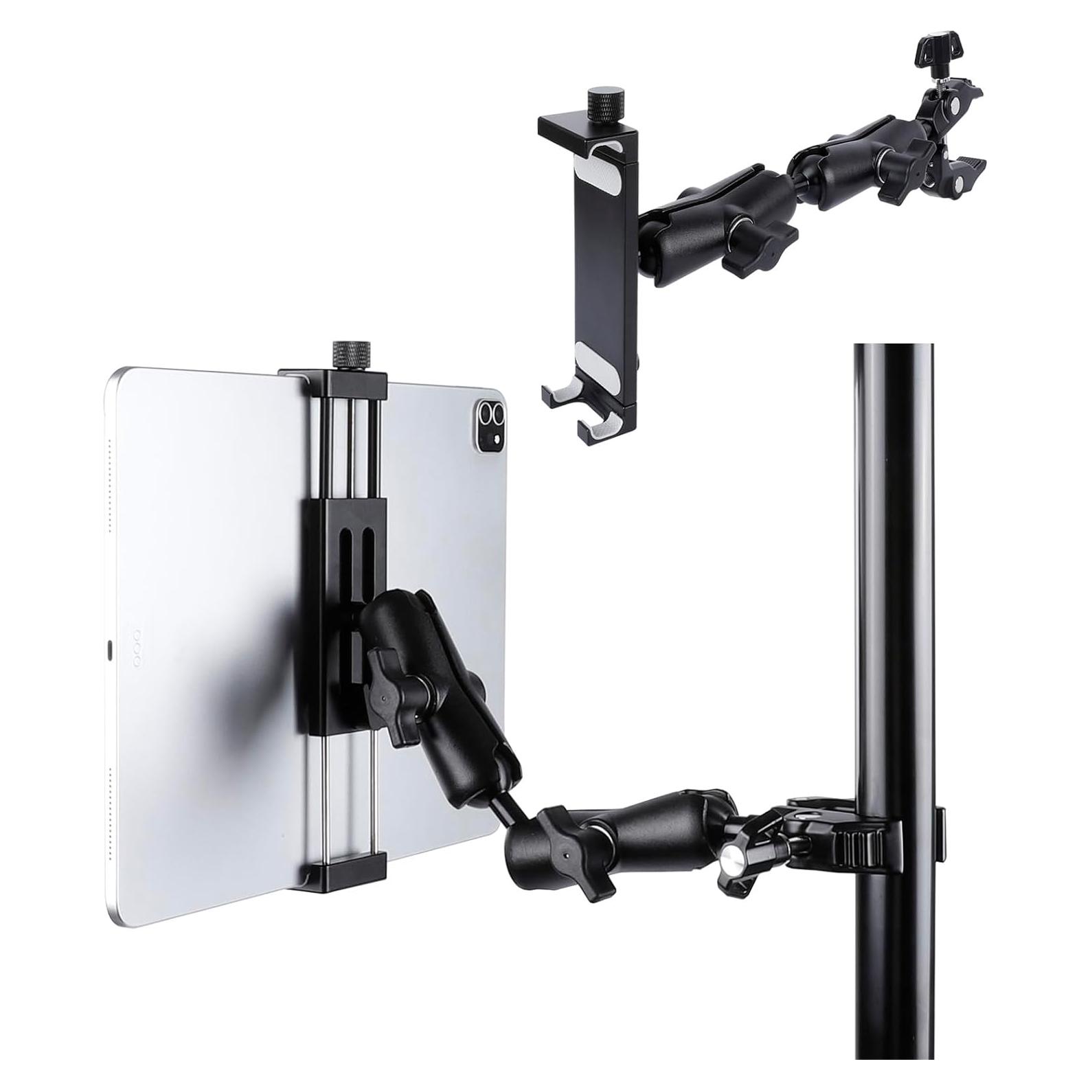 Aluminum Dual Arm Tablet Mount with Super Clamp for Rails 0.5'' to 2'' in Diameter, Side Mount Tablet Holder for Mic Stand, Compatible with iPad Pro 12.9 Air Mini, Galaxy Tab, 4.7-12.9" Tablets