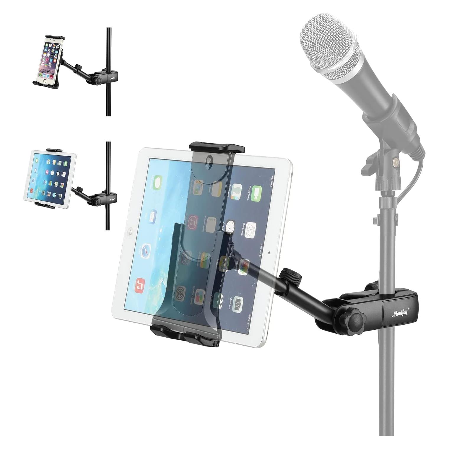 Moukey Tablet Holder for Microphone Stand, Adjustable Mic Music Stand Phone Holder Mount, Compatible with iPad, iPhone, Android, All 4.7 to 12.9 Inches Tablets & Smartphones