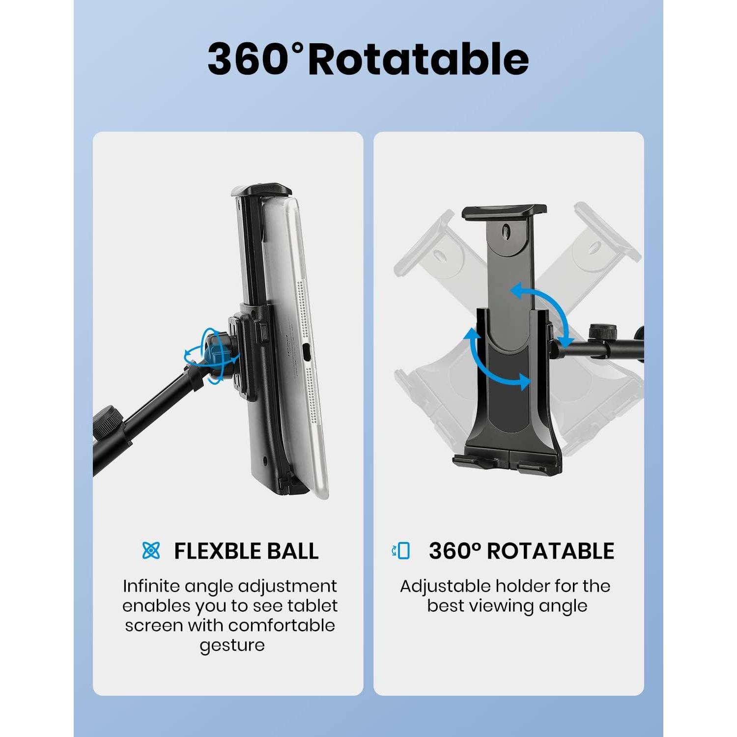 Moukey Tablet Holder for Microphone Stand, Adjustable Mic Music Stand Phone Holder Mount, Compatible with iPad, iPhone, Android, All 4.7 to 12.9 Inches Tablets & Smartphones