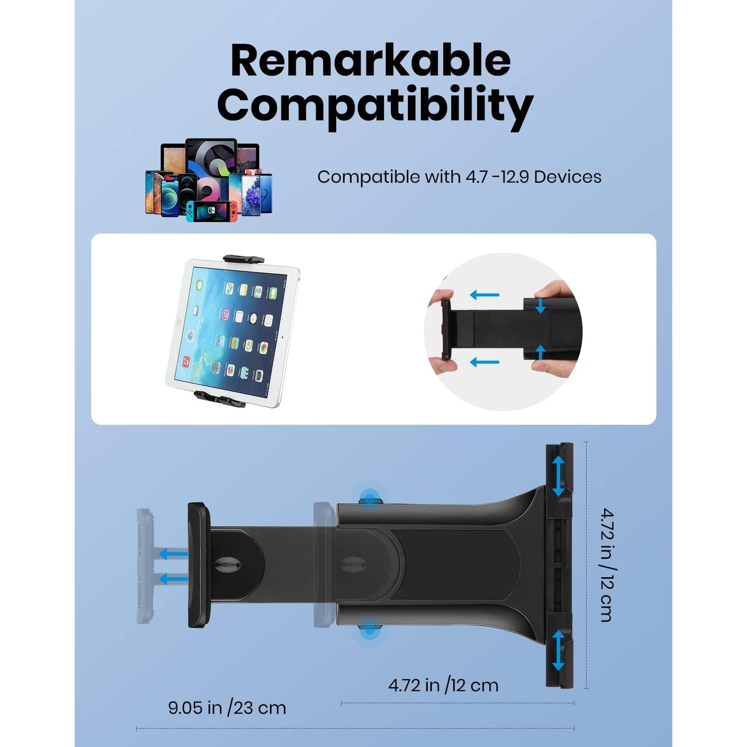 Moukey Tablet Holder for Microphone Stand, Adjustable Mic Music Stand Phone Holder Mount, Compatible with iPad, iPhone, Android, All 4.7 to 12.9 Inches Tablets & Smartphones