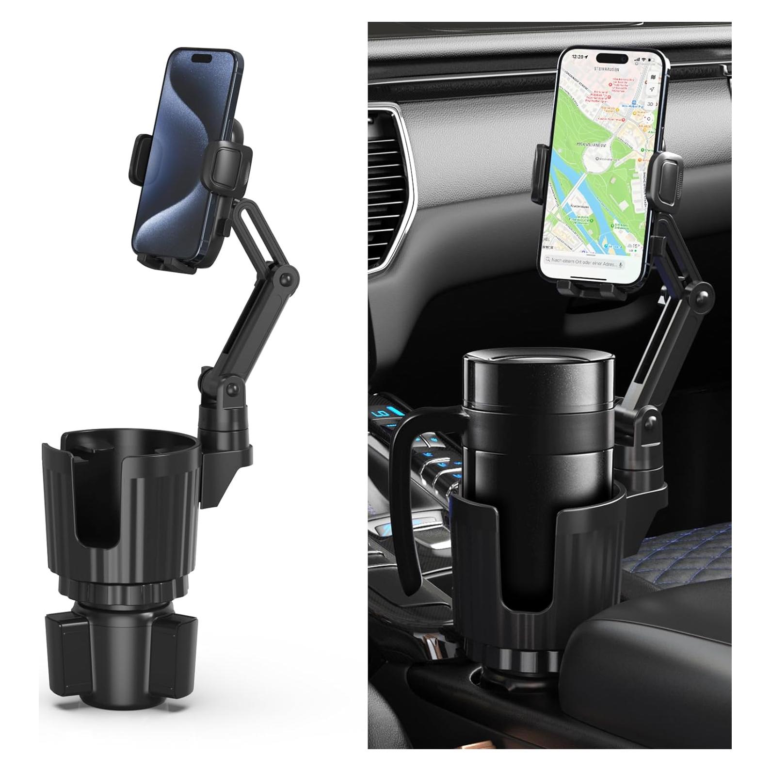Phone Holders for Your Car, 2 in 1 Universal Cup Holder Expander Adjustable Base with Phone Mount, Long Arm with 360°Rotation Cup Holder Phones Mount for Car Compatible with All Smartphones