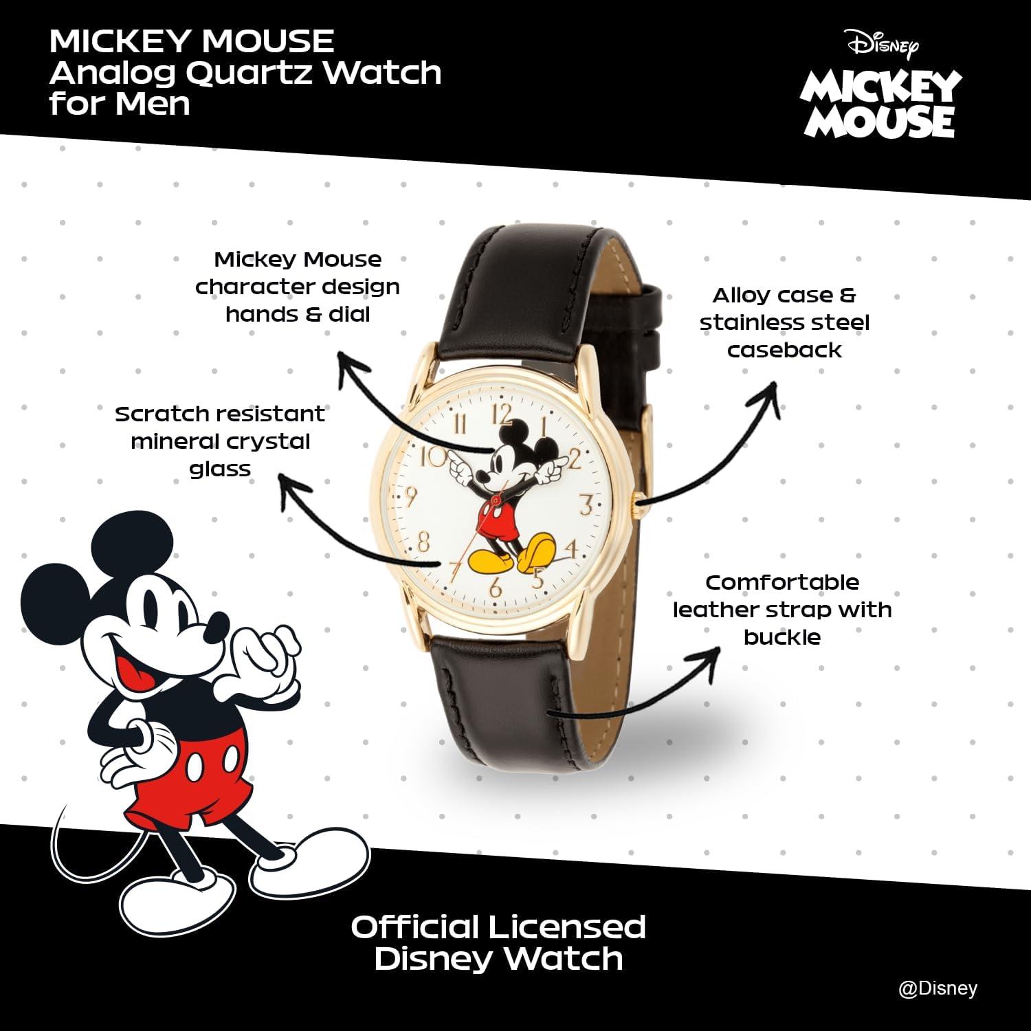 Reloj Mickey Mouse Disney para hombres - Caja dorada, correa cuero