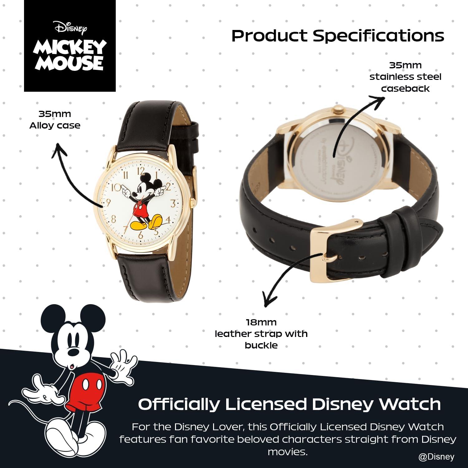 Reloj Mickey Mouse Disney para hombres - Caja dorada, correa cuero