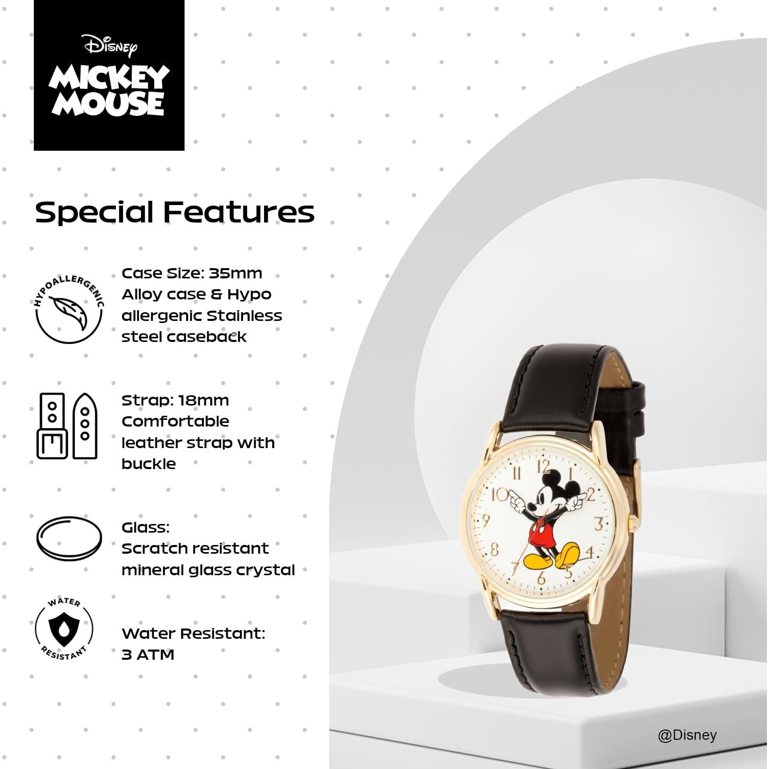 Reloj Mickey Mouse Disney para hombres - Caja dorada, correa cuero