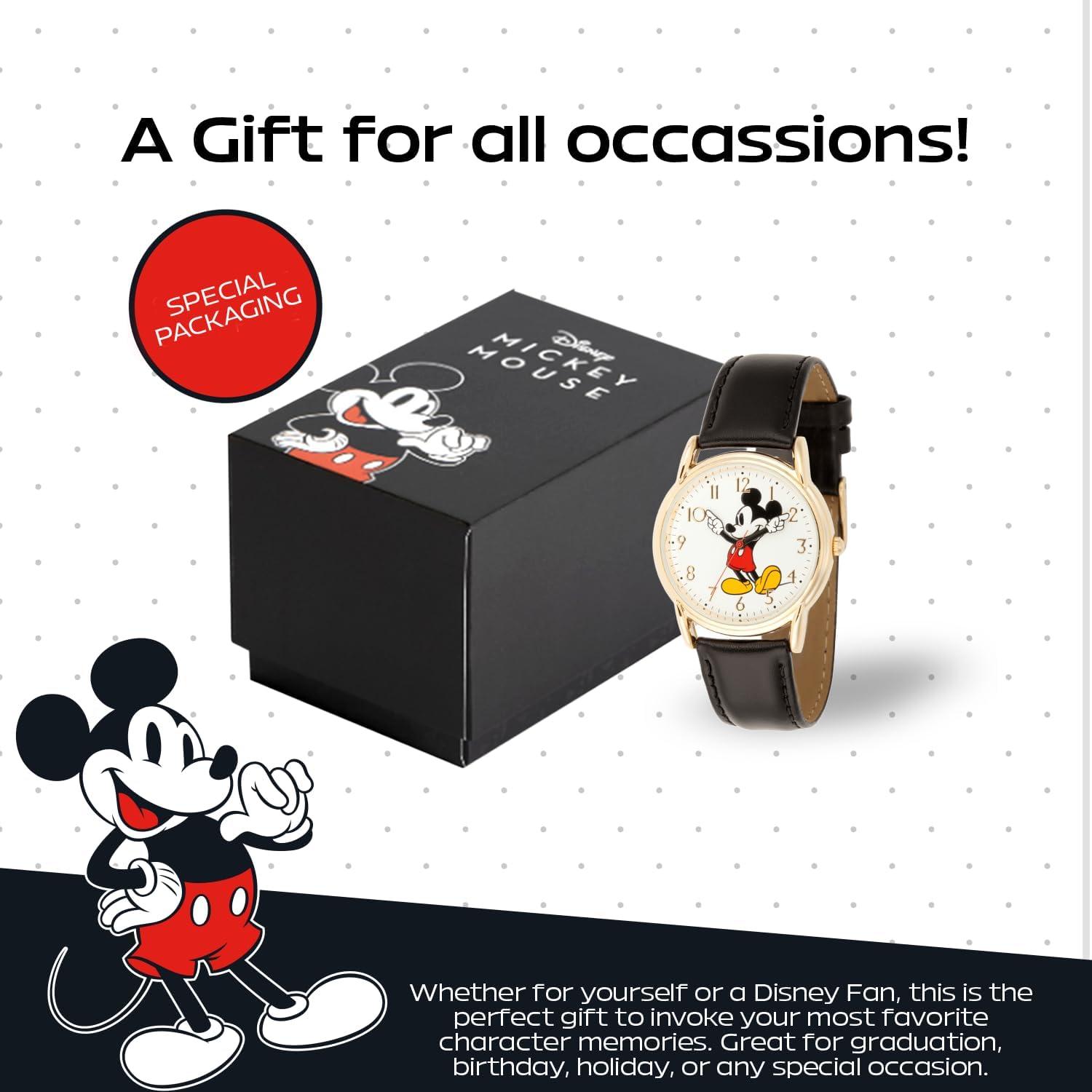 Reloj Mickey Mouse Disney para hombres - Caja dorada, correa cuero