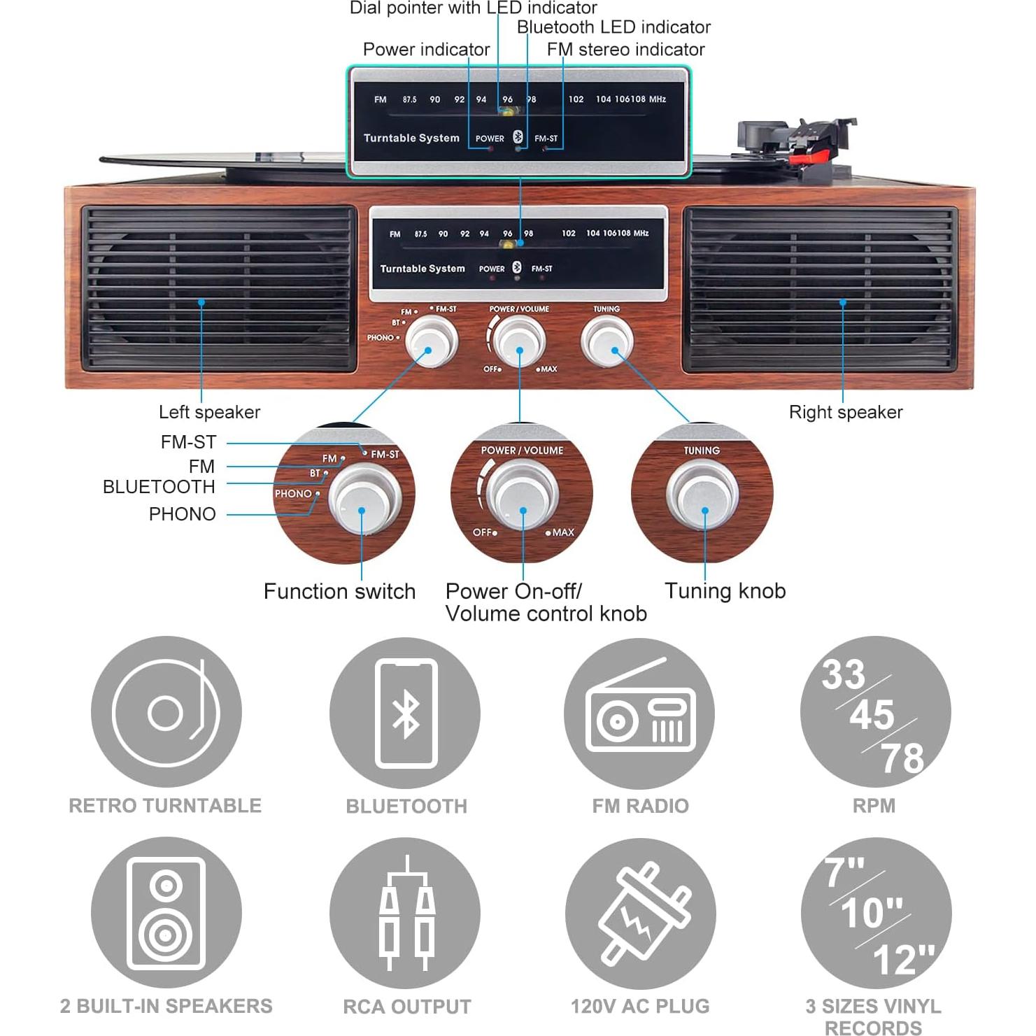 Reproductor de Vinilo Bluetooth LUXSWAY DY-138BT 3 Velocidades
