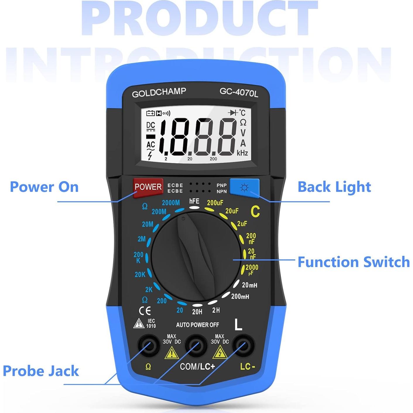 Multímetro Digital GOLDCHAMP GC-4070L, Medidor de Capacitores 2000pF-200µF