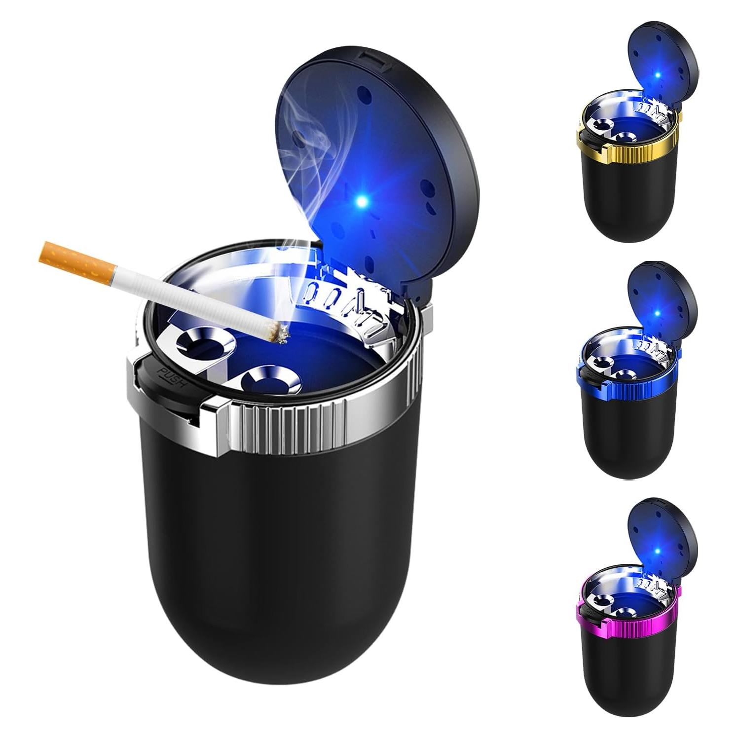 Cenicero de coche FSTURIOS con tapa y luz LED azul