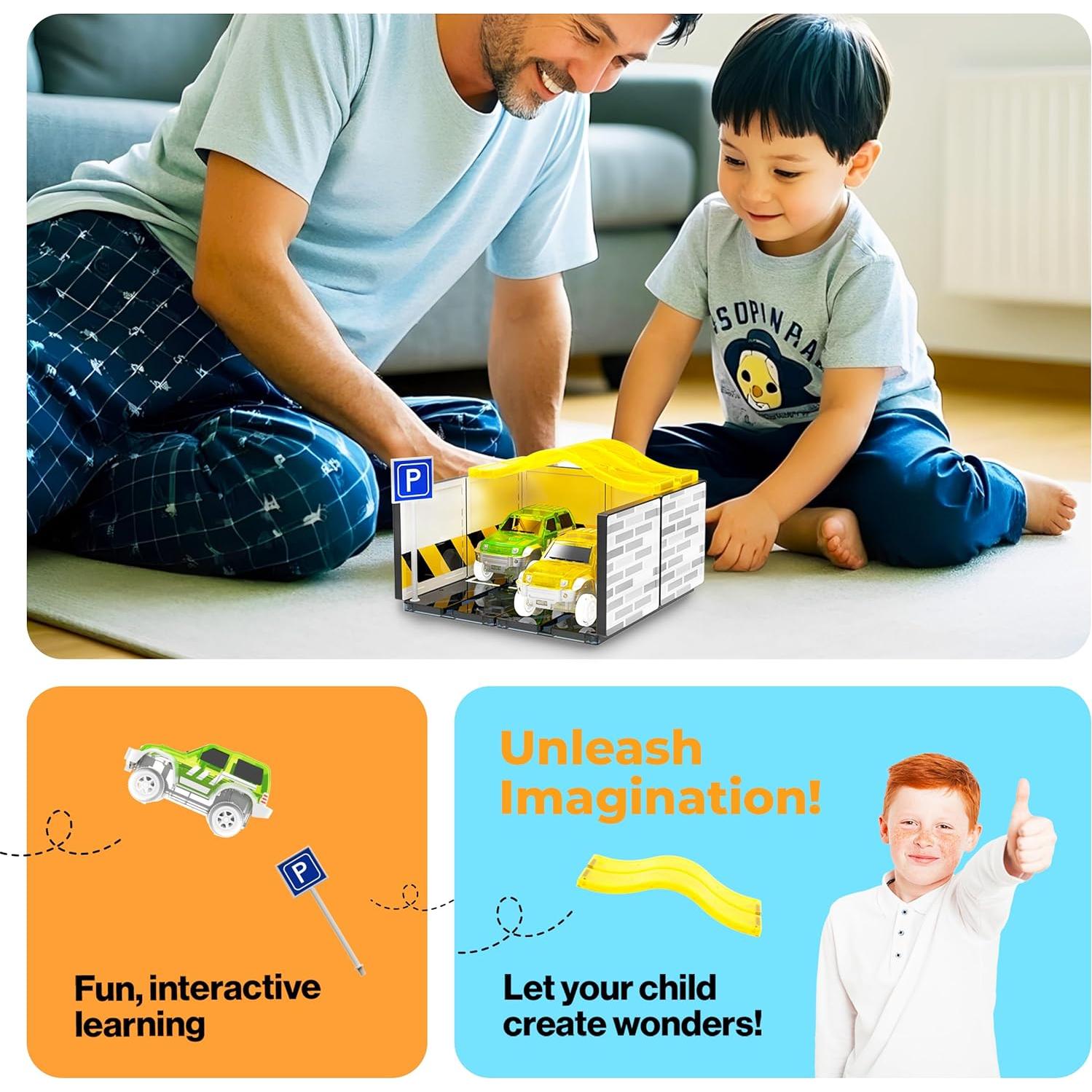 Kit de Pista de Carreras PicassoTiles con 2 Autos y Garaje