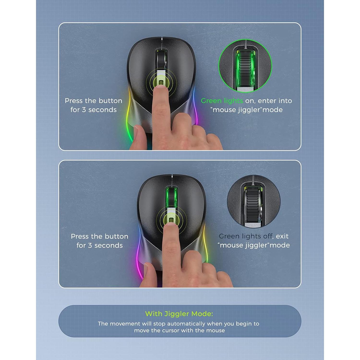 PEIOUS Wireless Mouse, Jiggler Mouse for Laptop - LED Mouse Rechargeable Computer Mice Mouse Mover Undetectable Random Movement with On/Off Button Keeps Computer Awake - Black&Grey