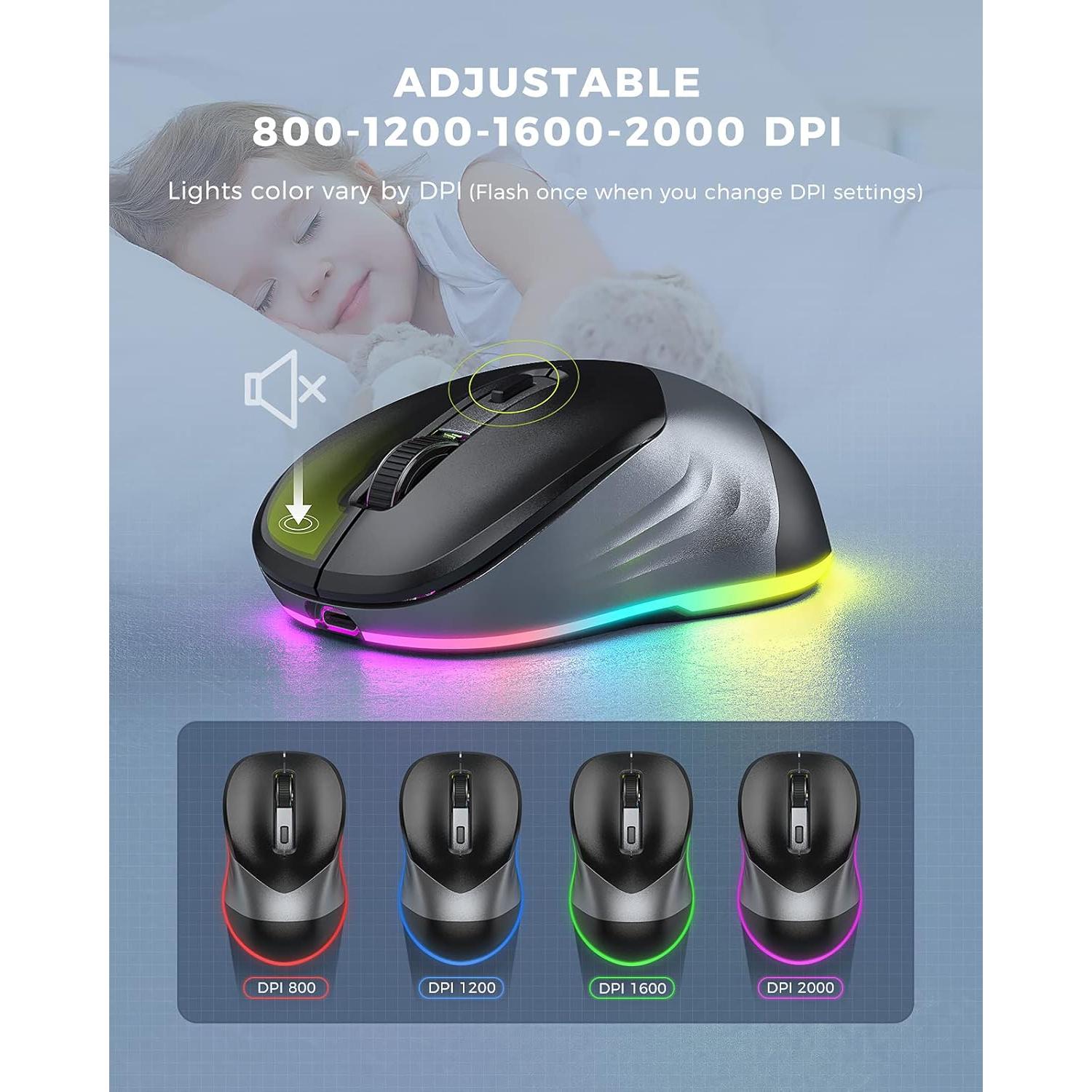 PEIOUS Wireless Mouse, Jiggler Mouse for Laptop - LED Mouse Rechargeable Computer Mice Mouse Mover Undetectable Random Movement with On/Off Button Keeps Computer Awake - Black&Grey