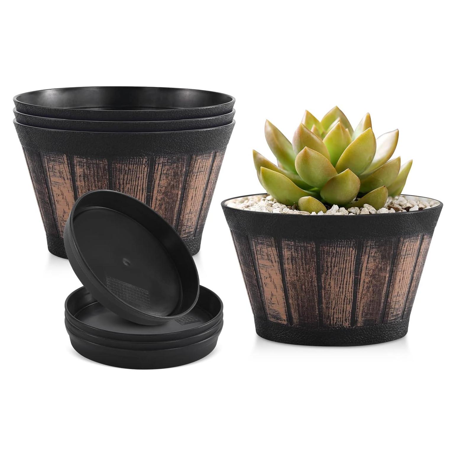 Juego de 4 Macetas de Barril Marrón Quarut 15 cm con Plato