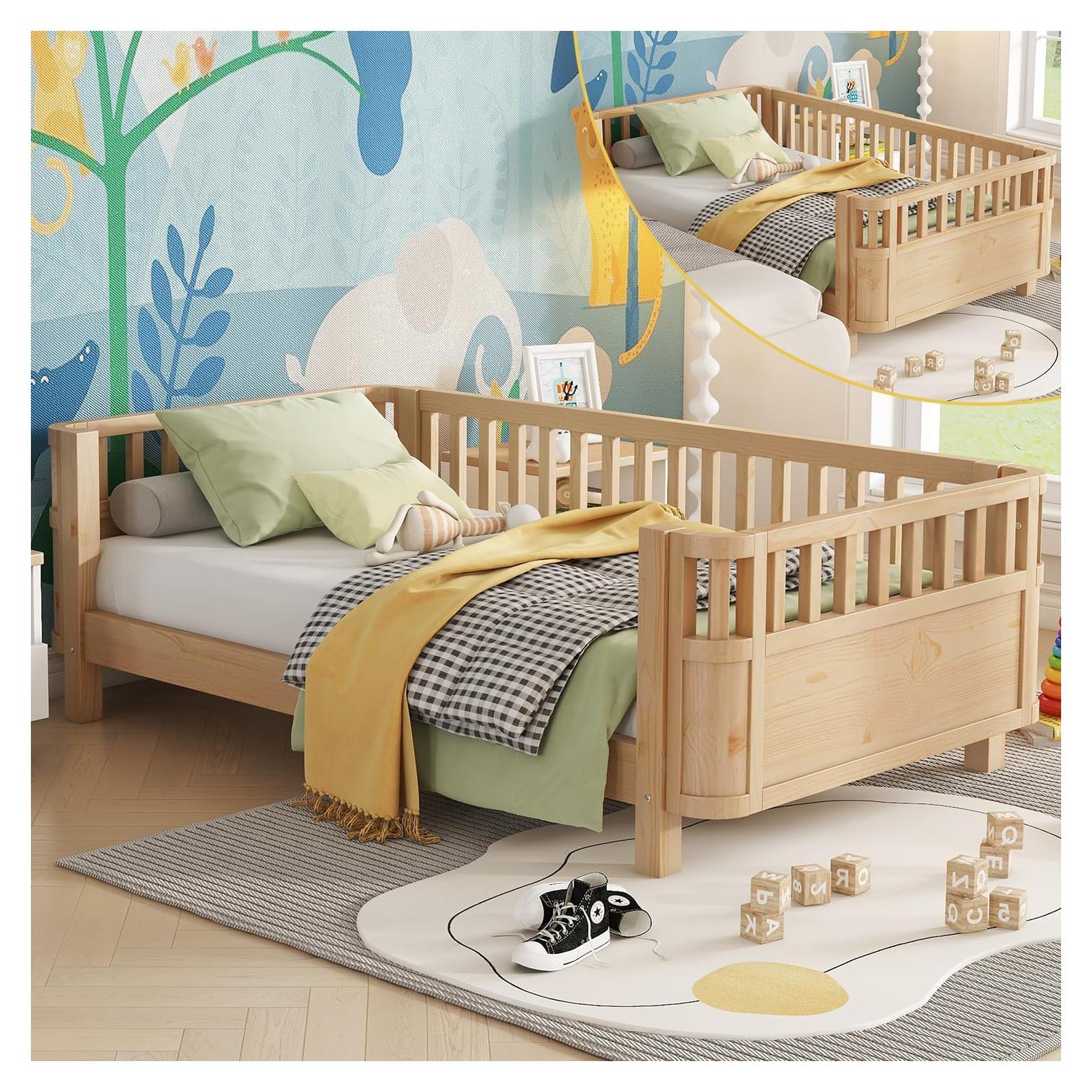 Cama Montessori Twin OYUMOENTS Natural con Barandillas