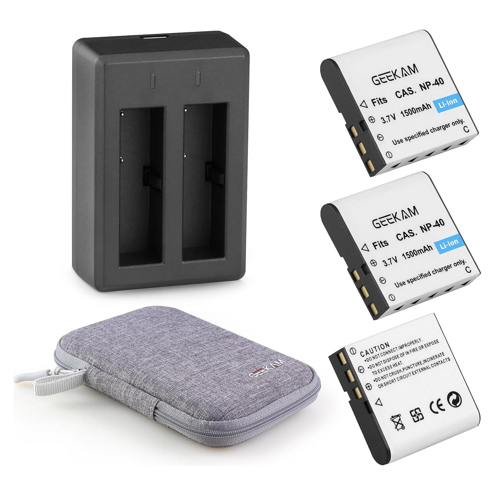 Paquete de Baterías Recargables NP-40 Geekam 1500mAh x3 con Cargador USB
