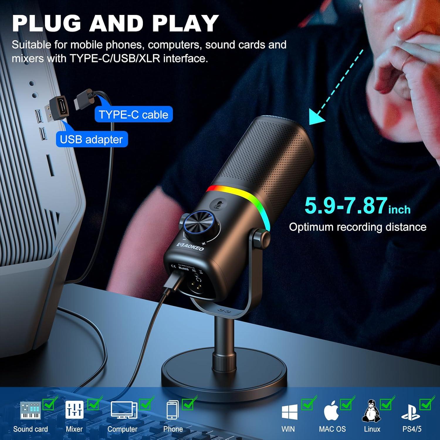 Micrófono Aokeo AK-10 USB/XLR Dinámico para PC - Negro