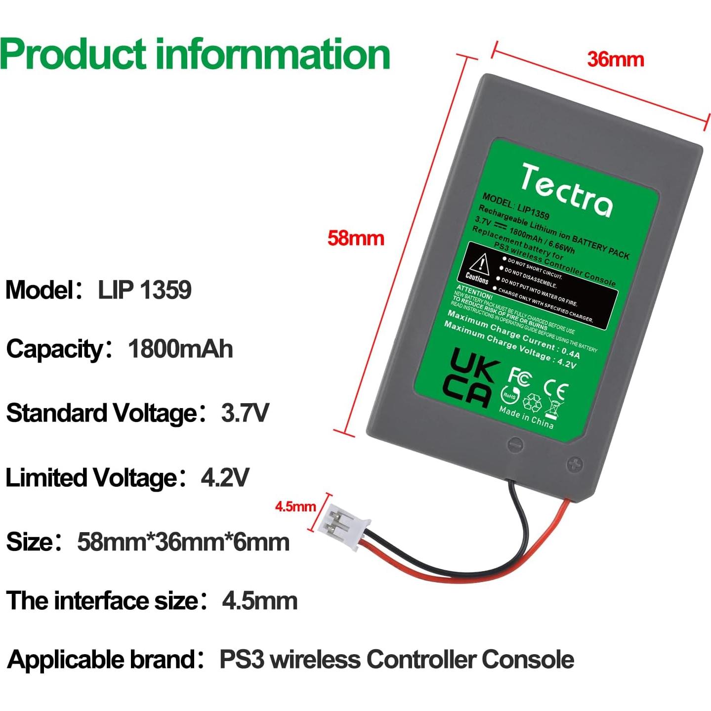 Batería Reemplazo Tectra LIP1359 para Controlador PS3 1800mAh