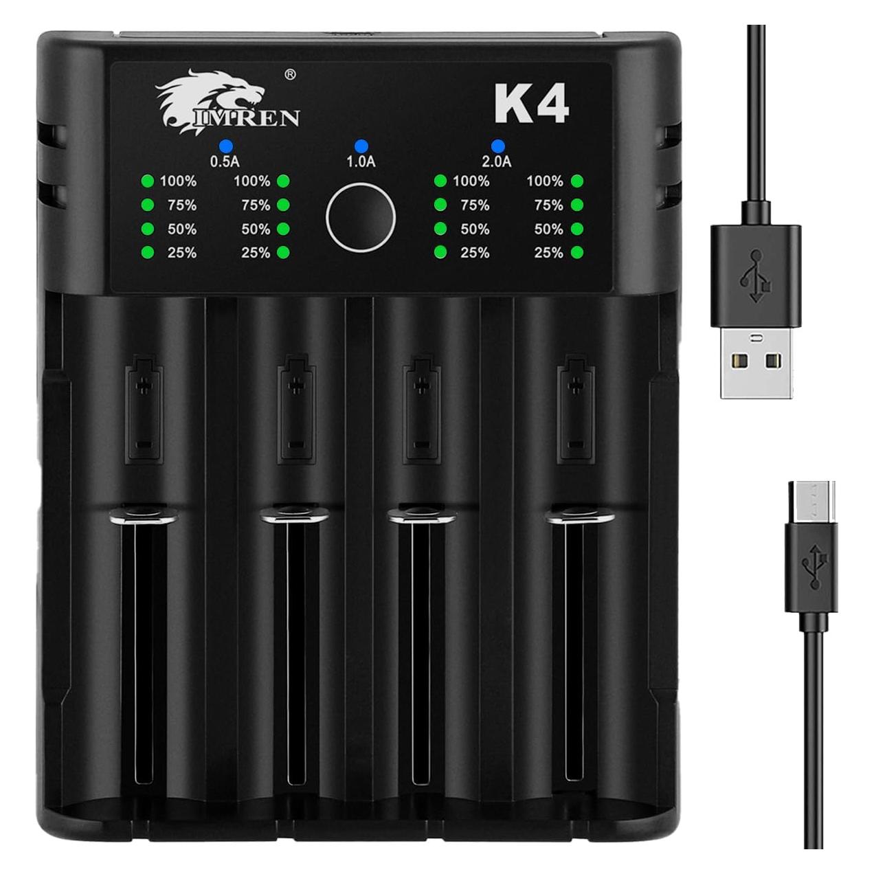 Cargador de Batería IMREN K4 USB C 4 Bahías 3.7V 1.2V