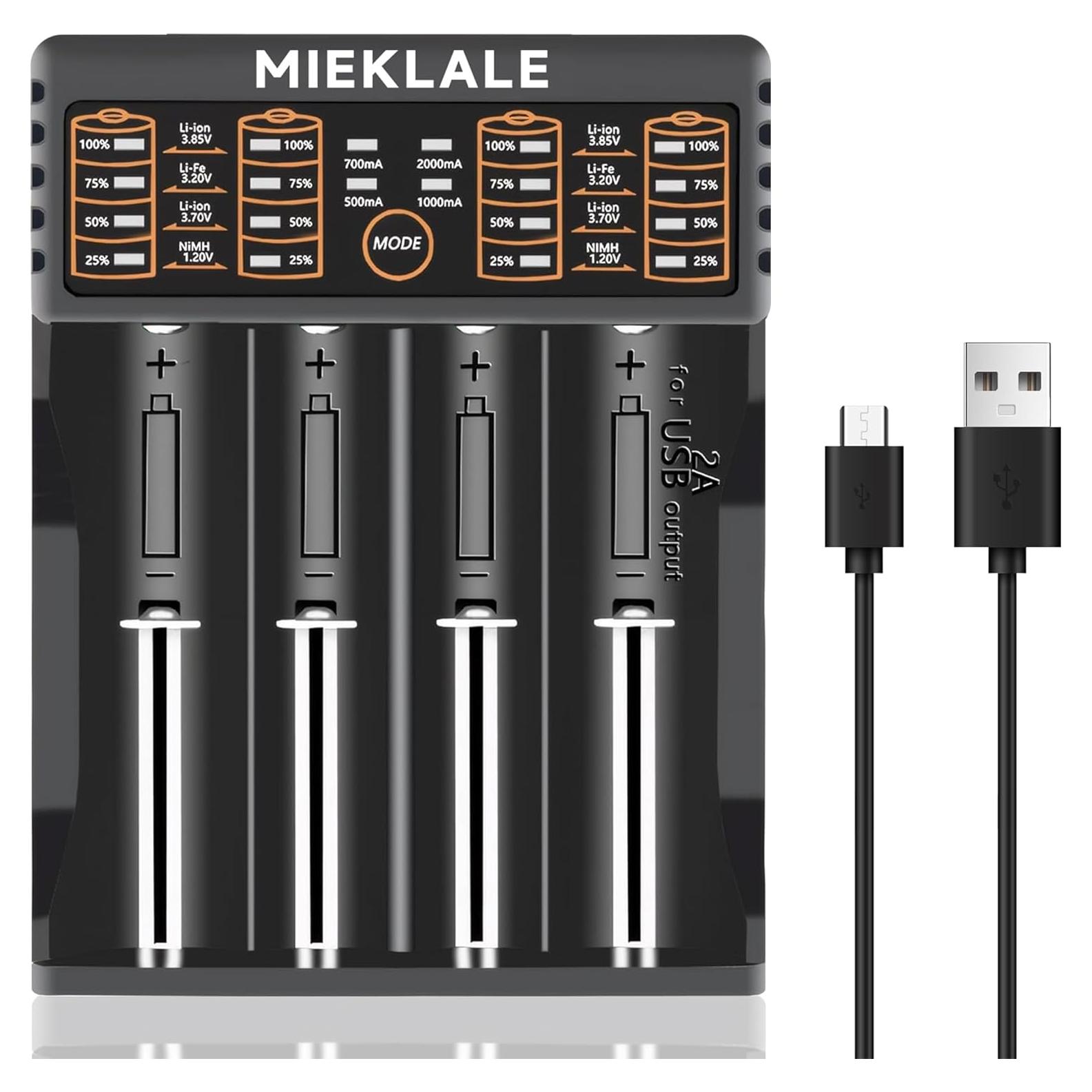 Cargador Inteligente MIEKLALE 4 Bahías para Baterías 18650