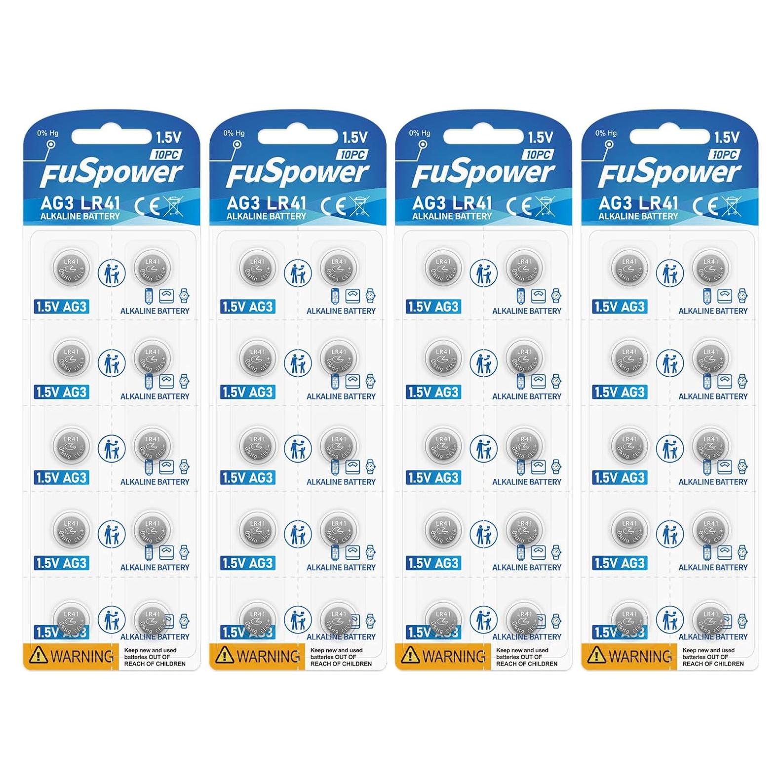 Baterías LR41 AG3 Fuspower 40 Conteo 1.5V Alcalinas