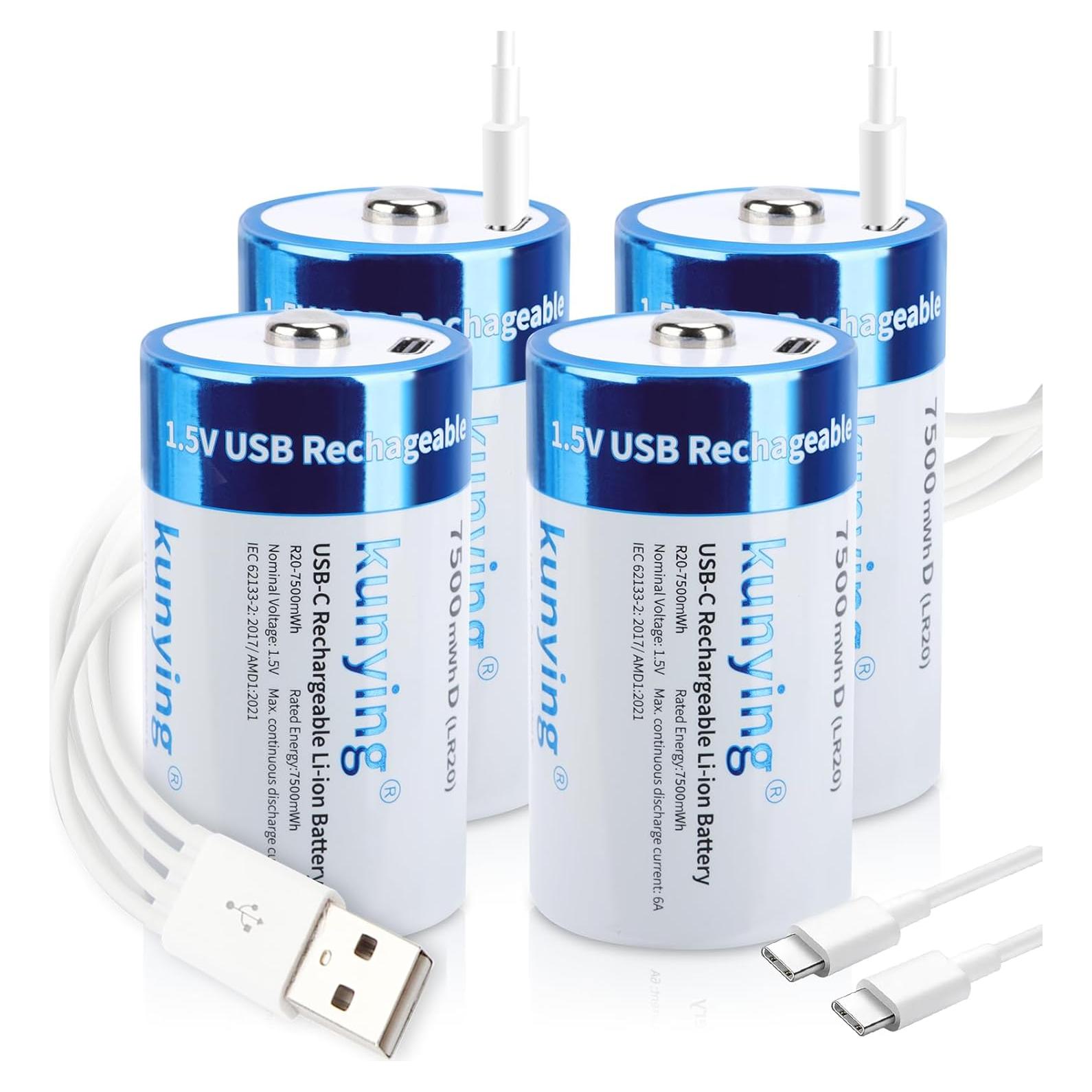 Paquete de 4 Baterías Recargables D 7500mAh Kunying con USB-C