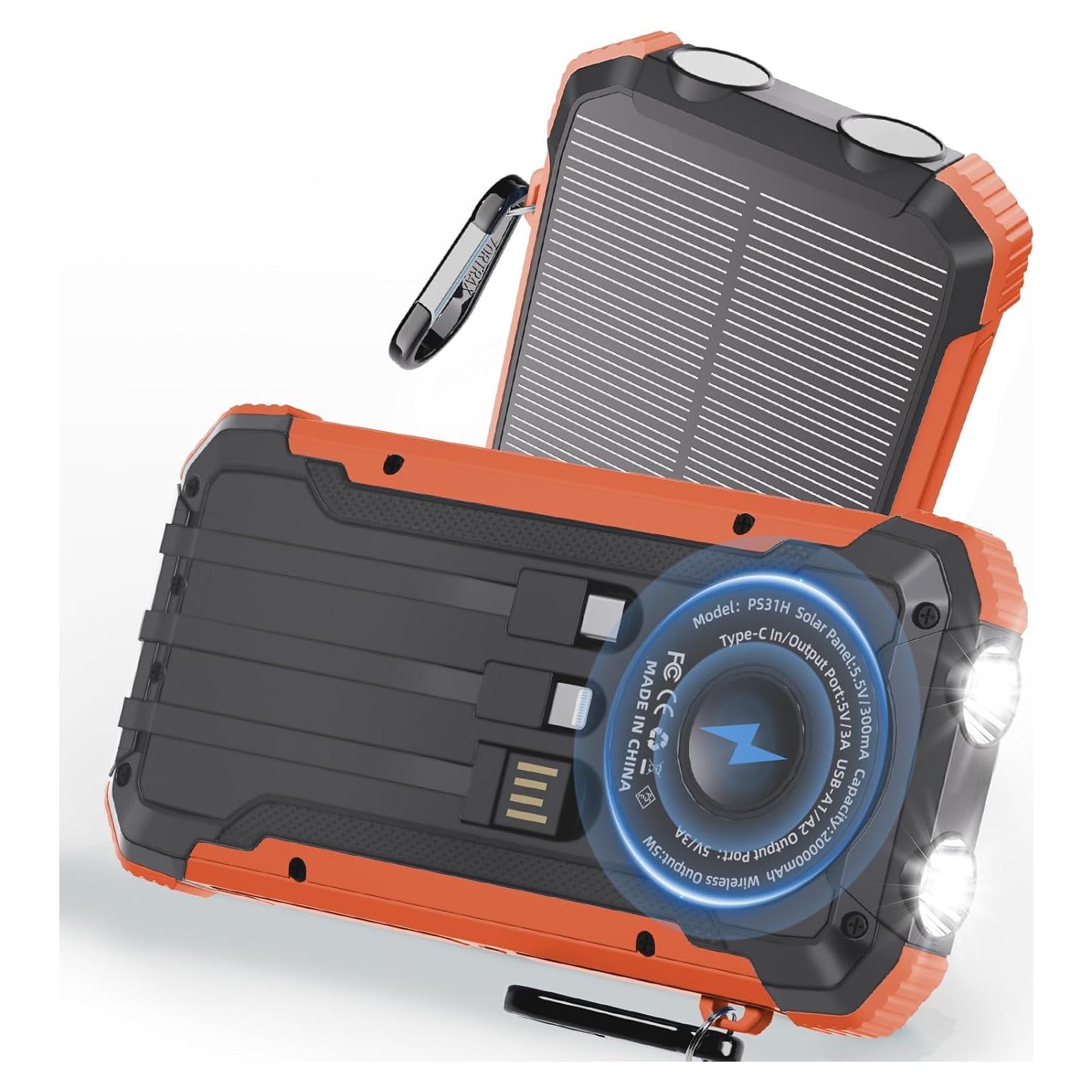 Banco de Energía Solar 20,000mAh Cargador Inalámbrico Naranja