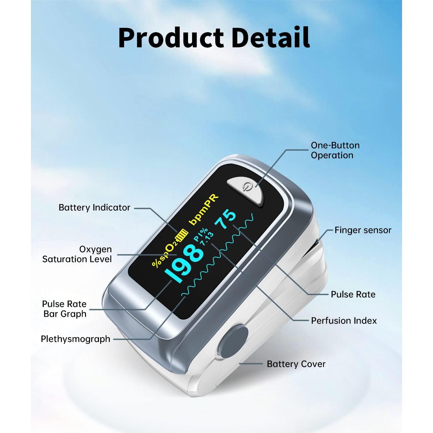 Oxímetro de Pulso HealthTree JKS50B con Pantalla OLED y 2 Pilas AAA