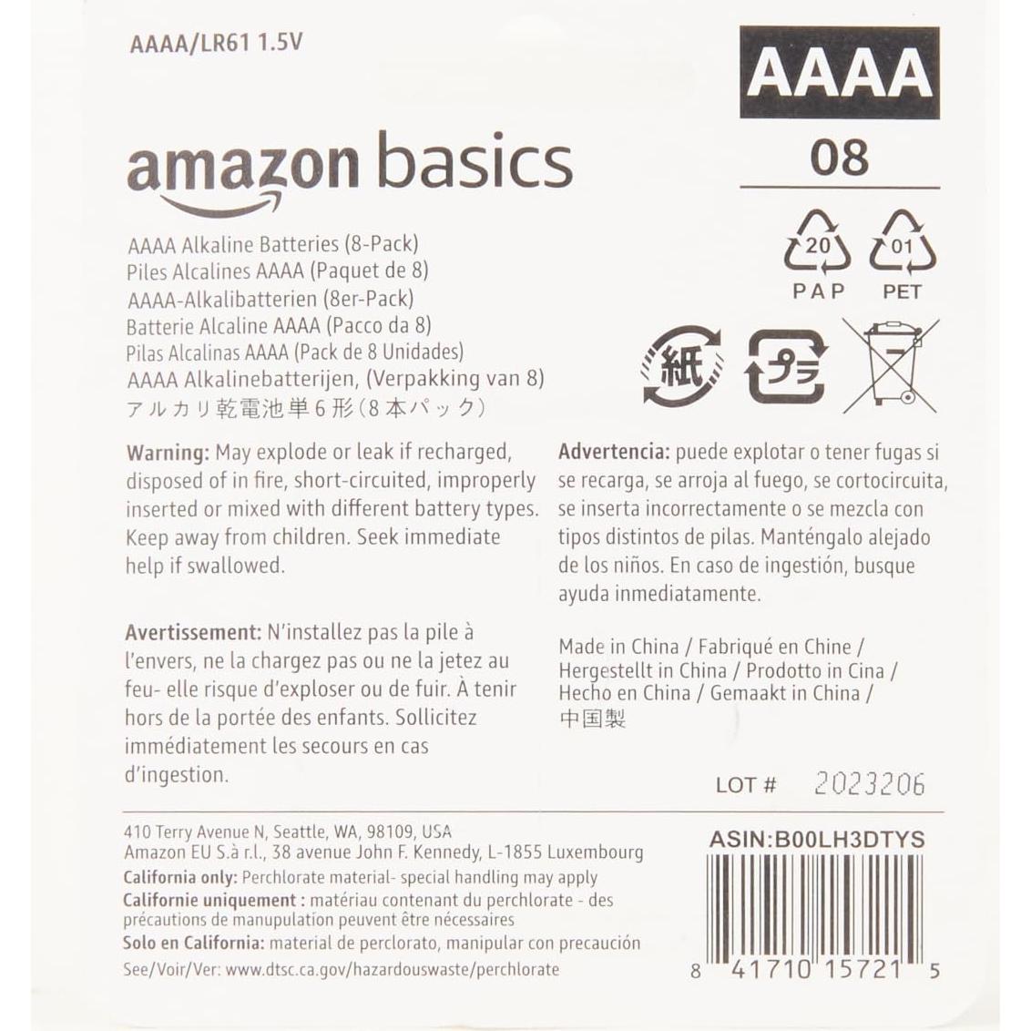 Paquete de 8 Baterías Alcalinas AAAA Amazon Basics 1.5V