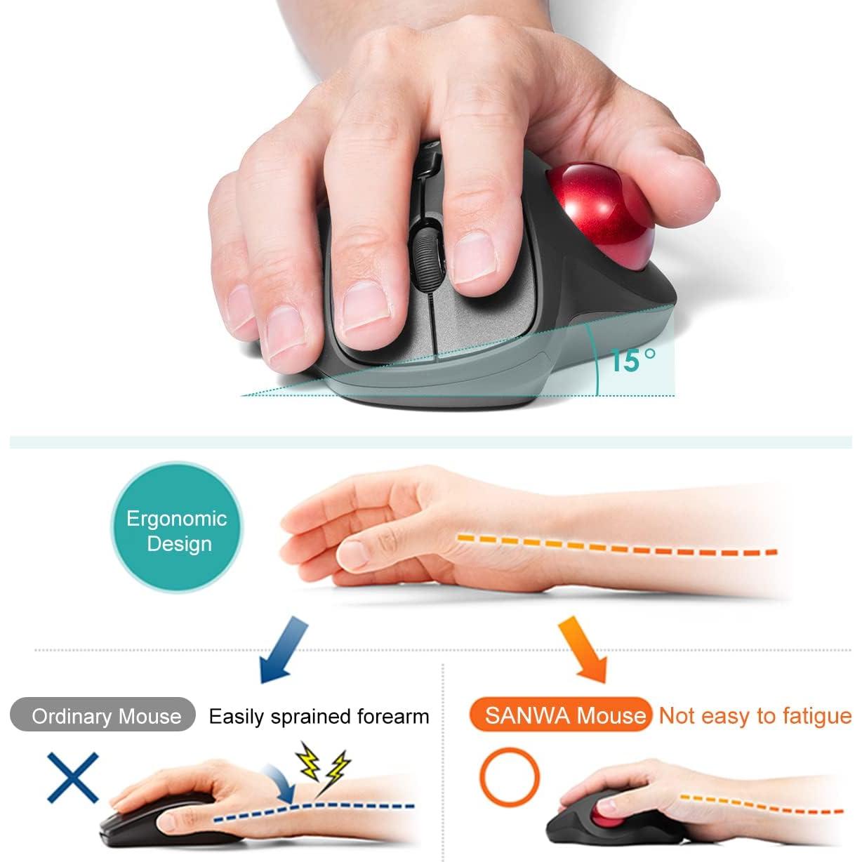 SANWA Bluetooth Ergonomic Trackball Mouse, Optical Vertical Rollerball Mice, Silent Buttons, 600/800/1200/1600 Adjustable DPI, Compatible with MacBook, Windows, macOS, iPad, Android, iOS, Chrome OS