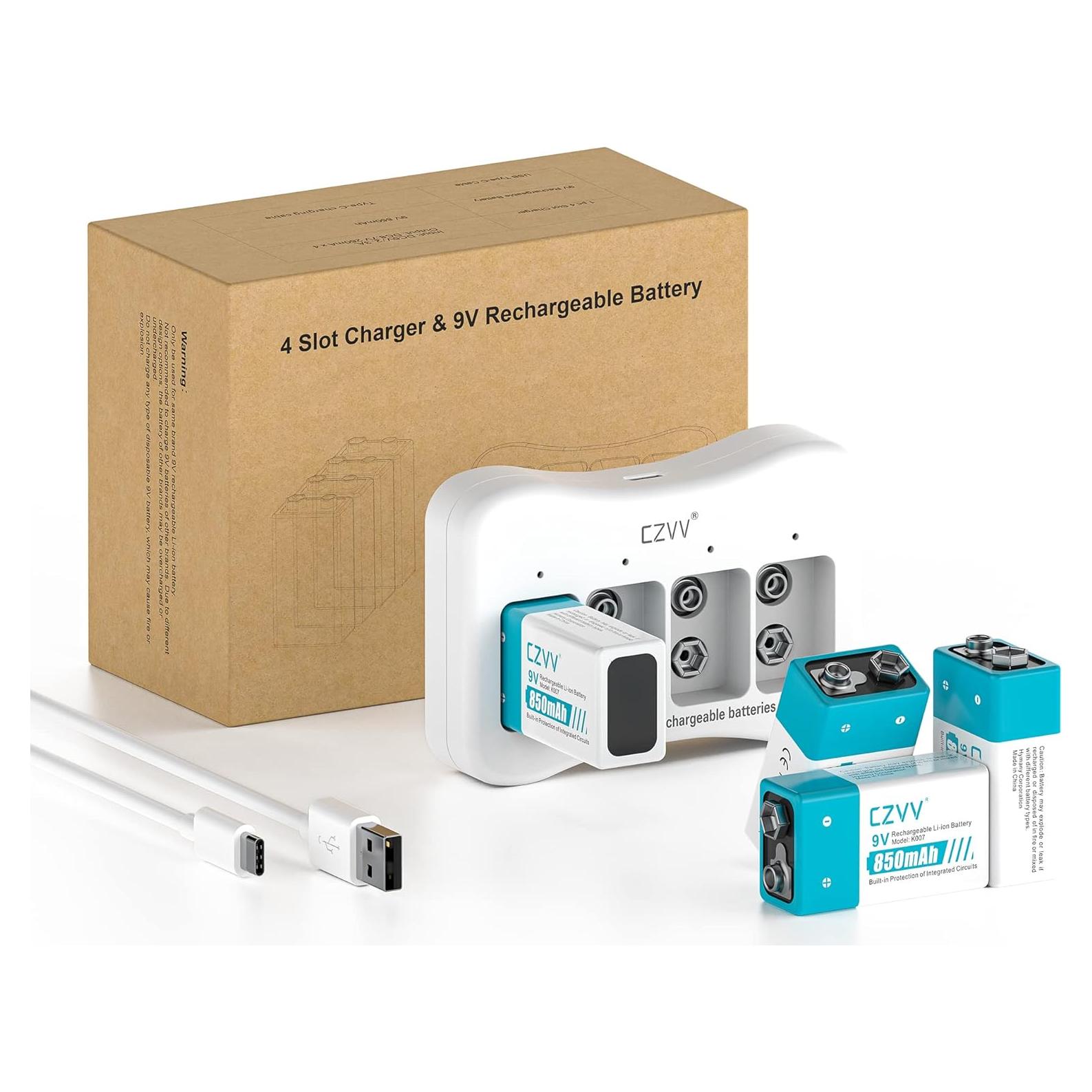 Baterías recargables 9V CZVV K007 - Paquete de 4 con cargador