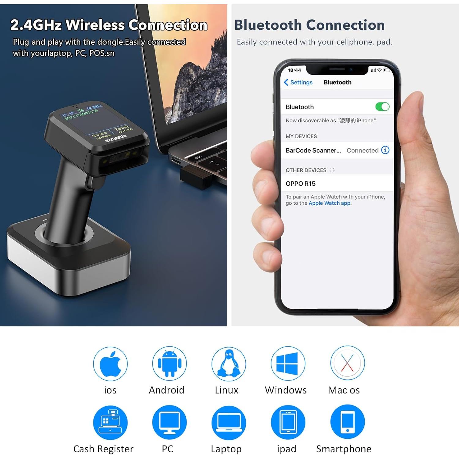 Escáner de Código de Barras Inalámbrico Symcode 2D Bluetooth