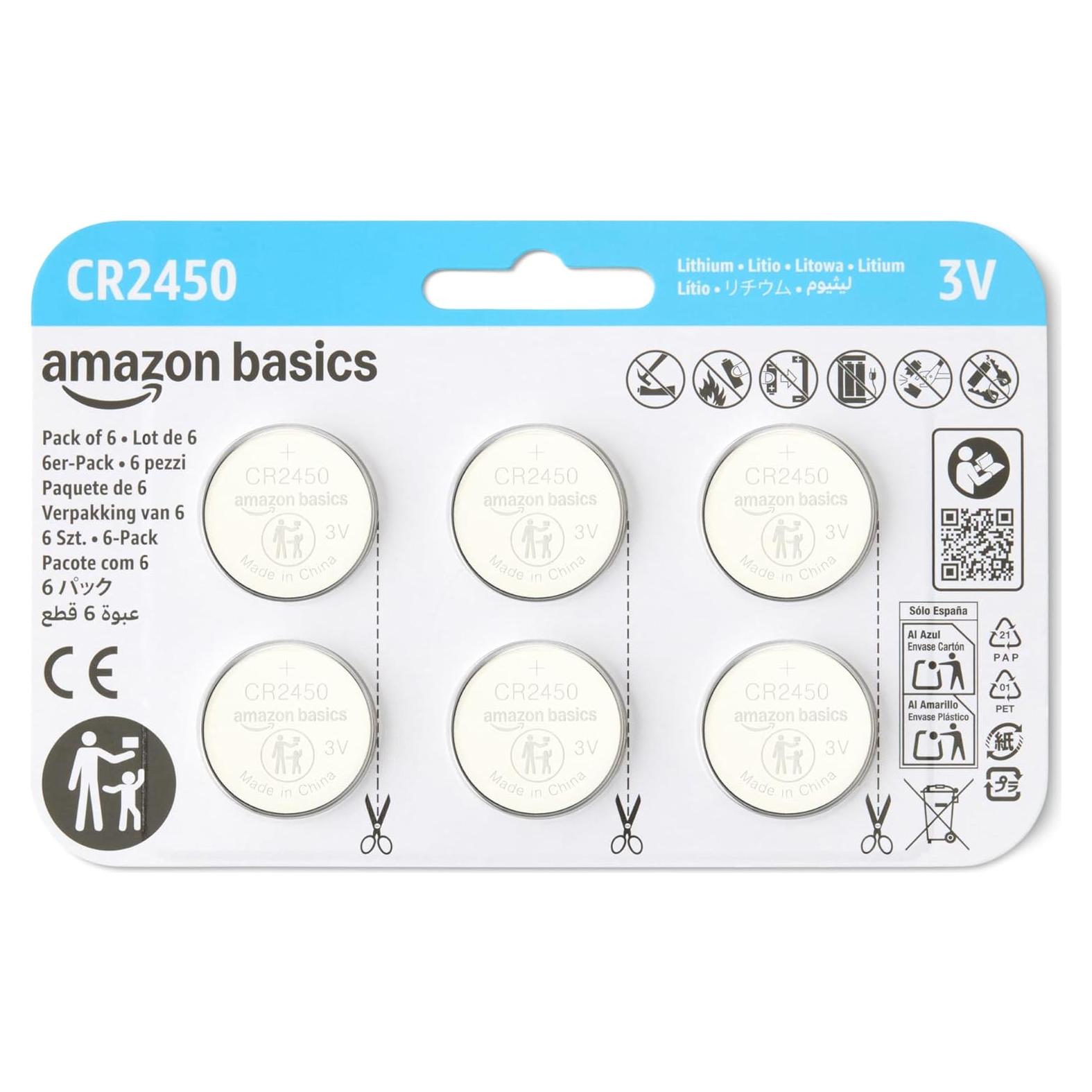 Paquete de 6 Baterías de Botón de Litio CR2450 Amazon Basics