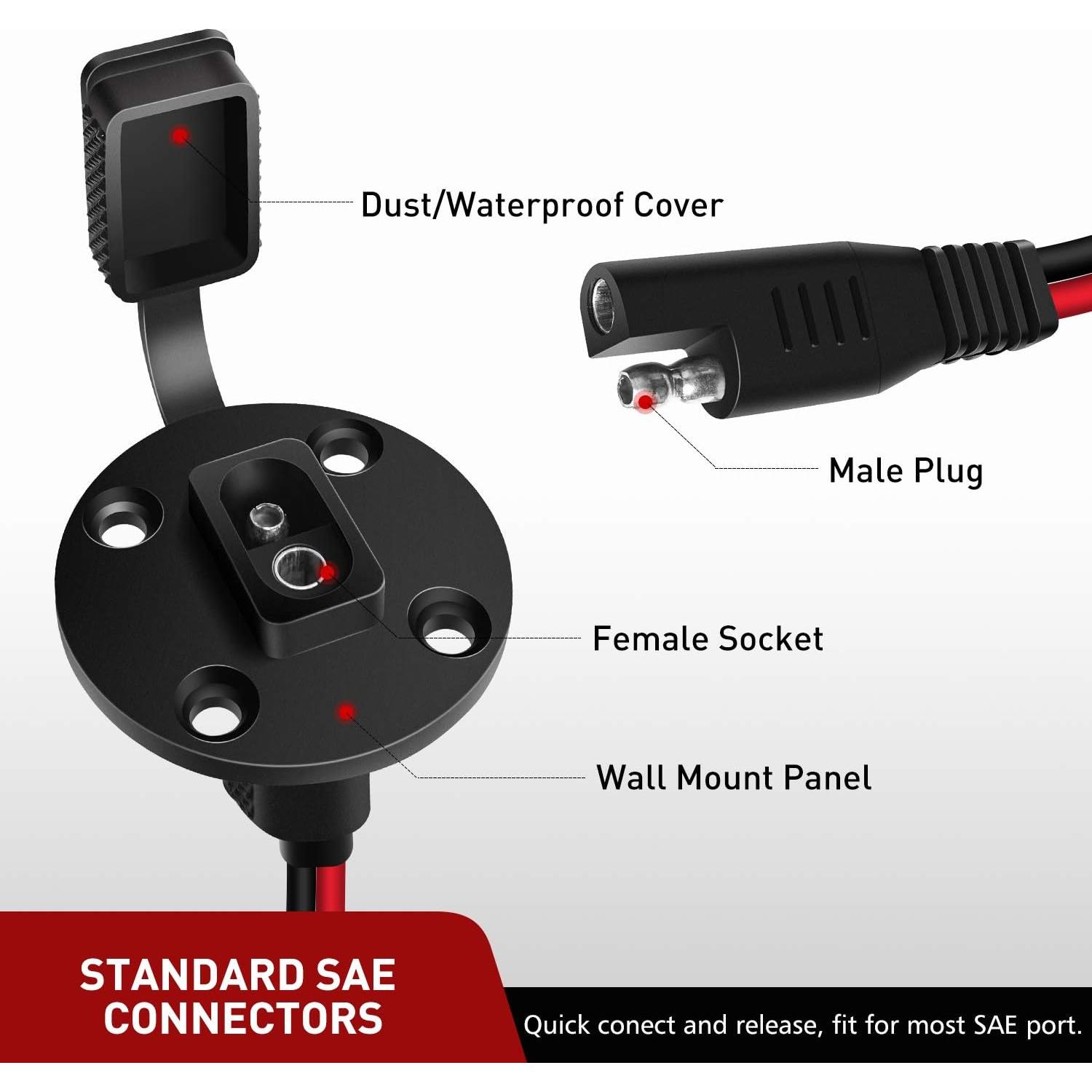 Toma de Corriente SAE Nilight 12AWG 2 Pines 33cm para Panel Solar