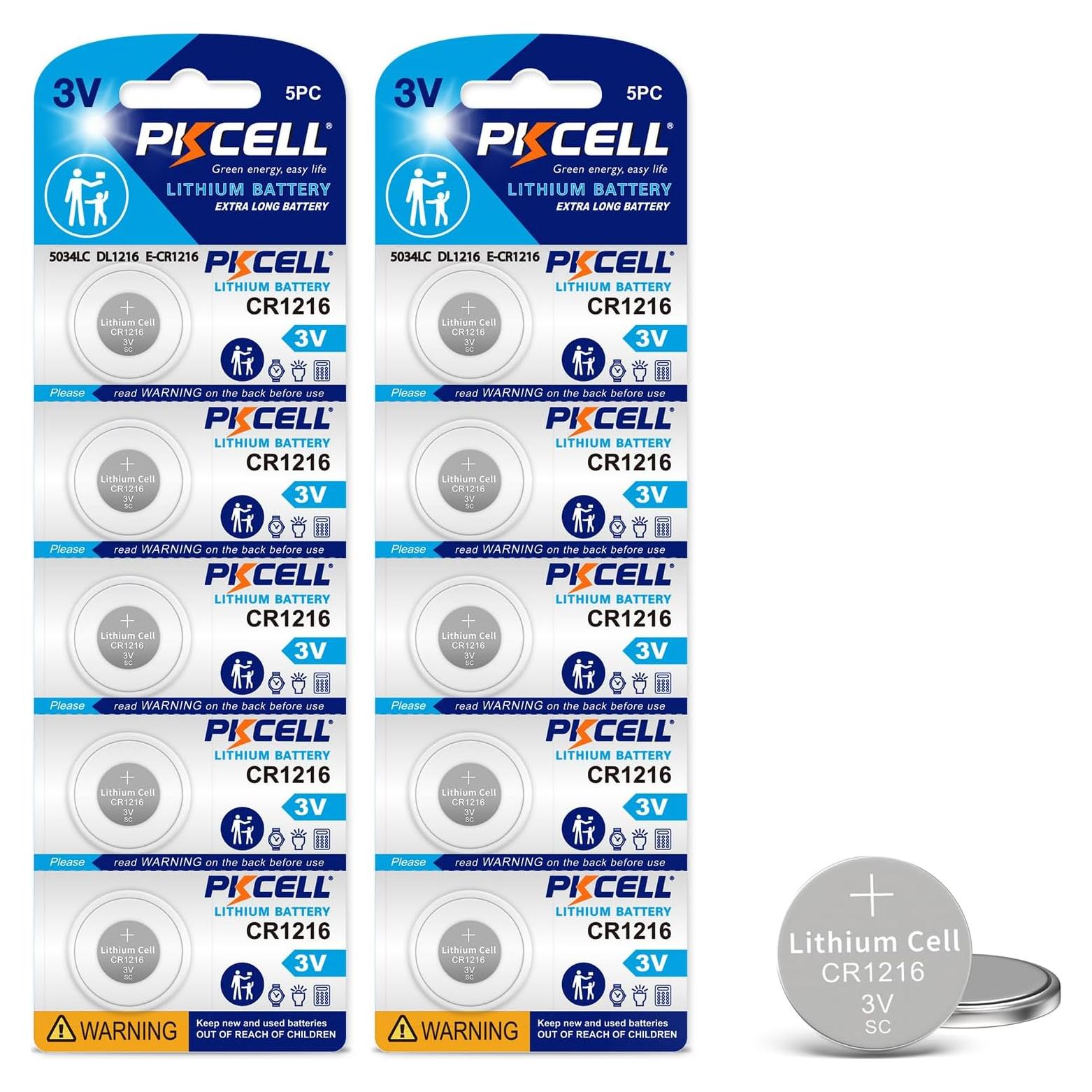 Paquete de 10 Baterías CR1216 PKCELL 3V de Litio