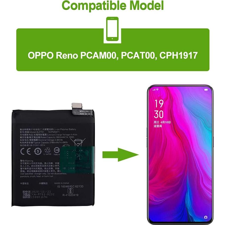 Batería de Reemplazo BLP701 para Oppo Reno PCAM00, PCAT00