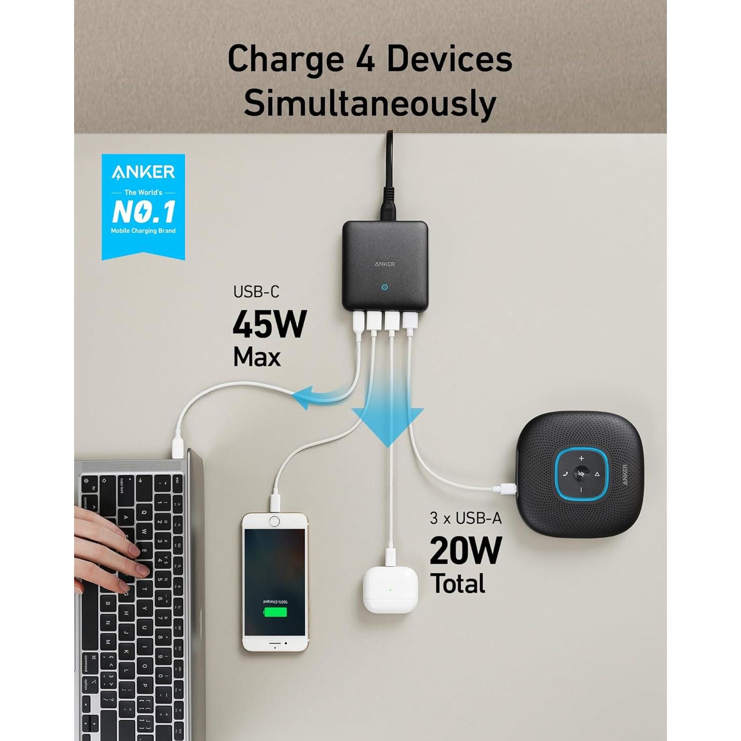 Cargador Anker 65W 4 Puertos USB-C Rápido GaN - Ideal para Laptops