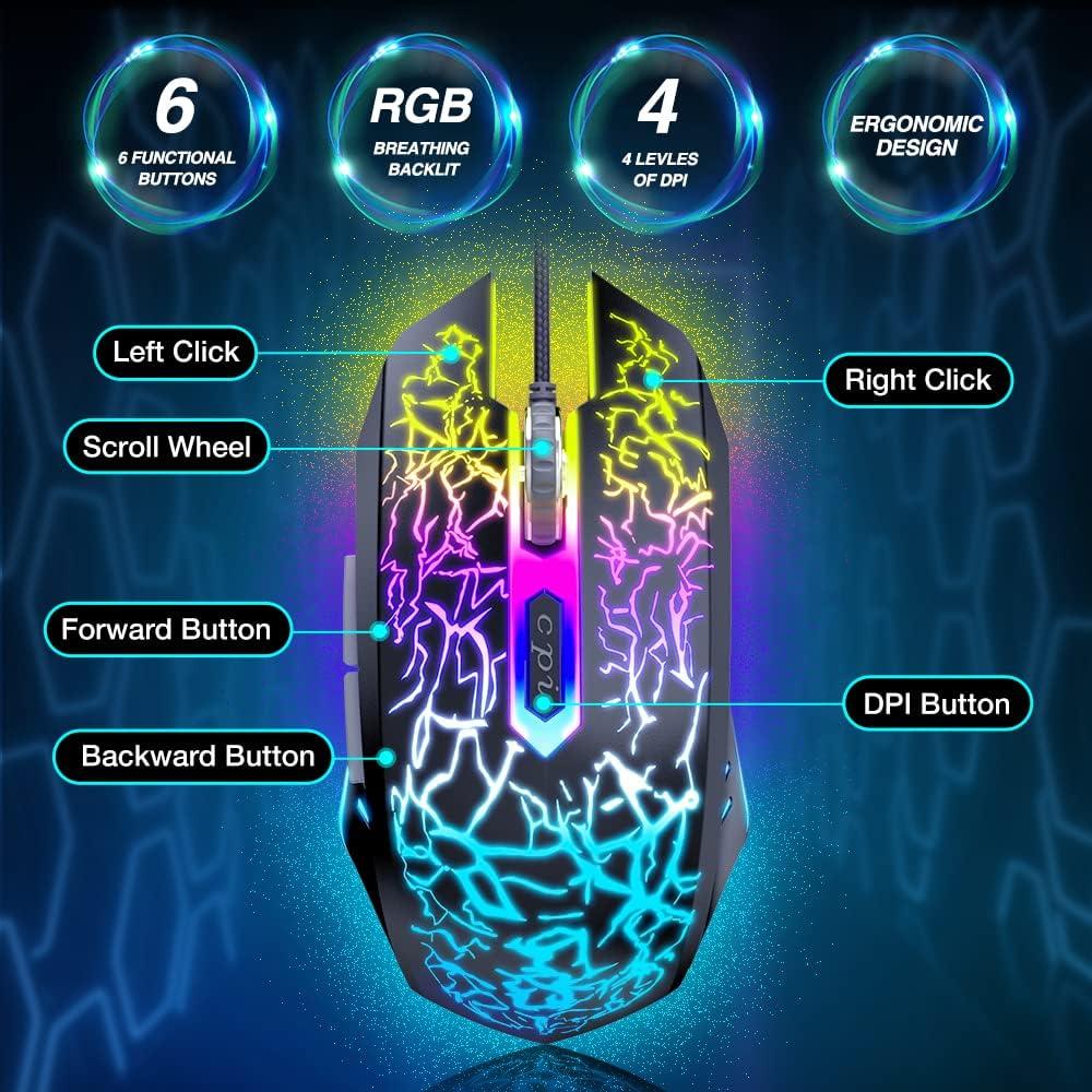 Ratón Gaming BENGOO USB Ergonómico RGB 3600 DPI Negro