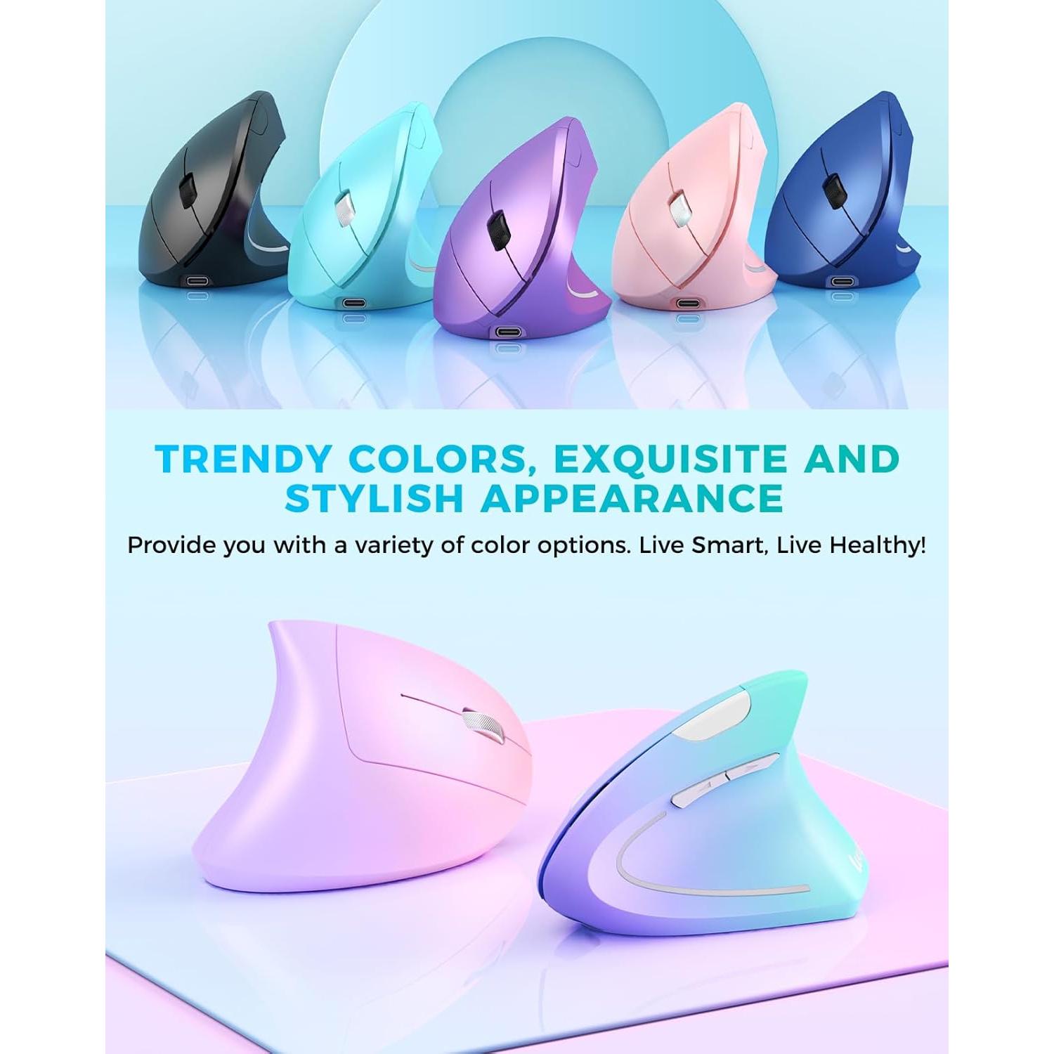 Lekvey Ergonomic Mouse, Vertical Wireless Mouse, Rechargeable 2.4G Optical Carpal Tunnel Mice: 800/1200 / 1600 DPI, 6 Buttons, for Laptop, PC, Mac, Computer, Desktop, Notebook etc, Green Purple