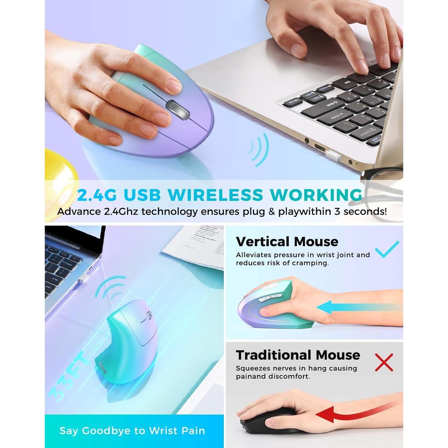Lekvey Ergonomic Mouse, Vertical Wireless Mouse, Rechargeable 2.4G Optical Carpal Tunnel Mice: 800/1200 / 1600 DPI, 6 Buttons, for Laptop, PC, Mac, Computer, Desktop, Notebook etc, Green Purple