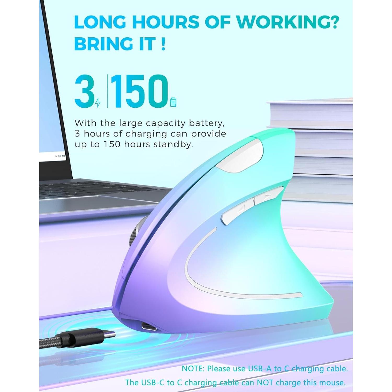 Lekvey Ergonomic Mouse, Vertical Wireless Mouse, Rechargeable 2.4G Optical Carpal Tunnel Mice: 800/1200 / 1600 DPI, 6 Buttons, for Laptop, PC, Mac, Computer, Desktop, Notebook etc, Green Purple