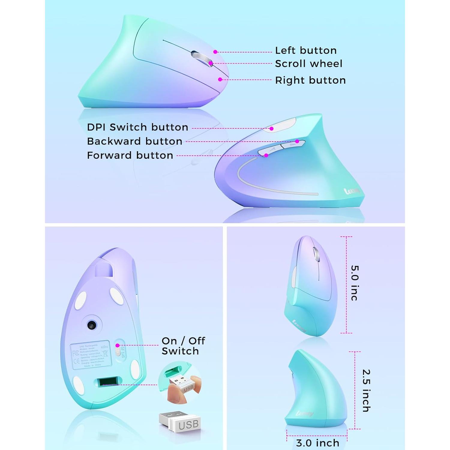 Lekvey Ergonomic Mouse, Vertical Wireless Mouse, Rechargeable 2.4G Optical Carpal Tunnel Mice: 800/1200 / 1600 DPI, 6 Buttons, for Laptop, PC, Mac, Computer, Desktop, Notebook etc, Green Purple