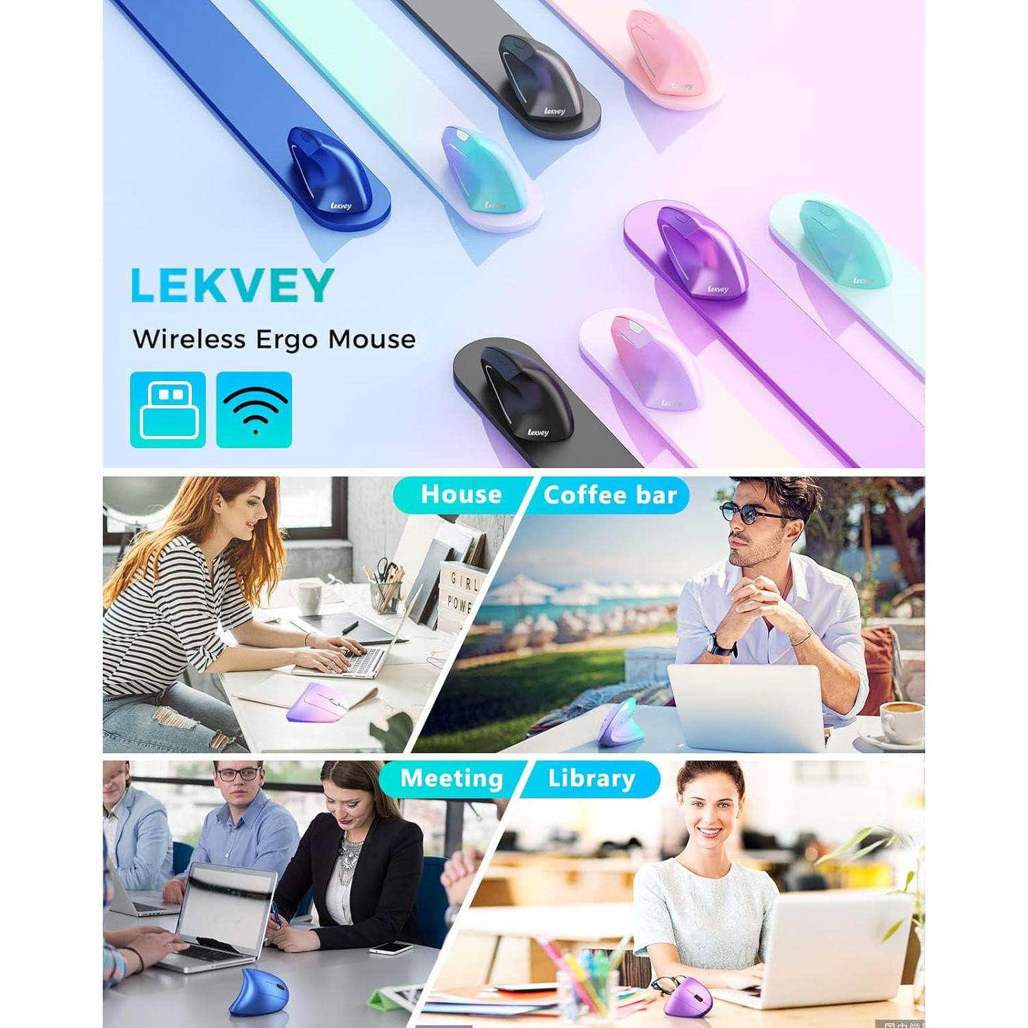 Lekvey Ergonomic Mouse, Vertical Wireless Mouse, Rechargeable 2.4G Optical Carpal Tunnel Mice: 800/1200 / 1600 DPI, 6 Buttons, for Laptop, PC, Mac, Computer, Desktop, Notebook etc, Green Purple